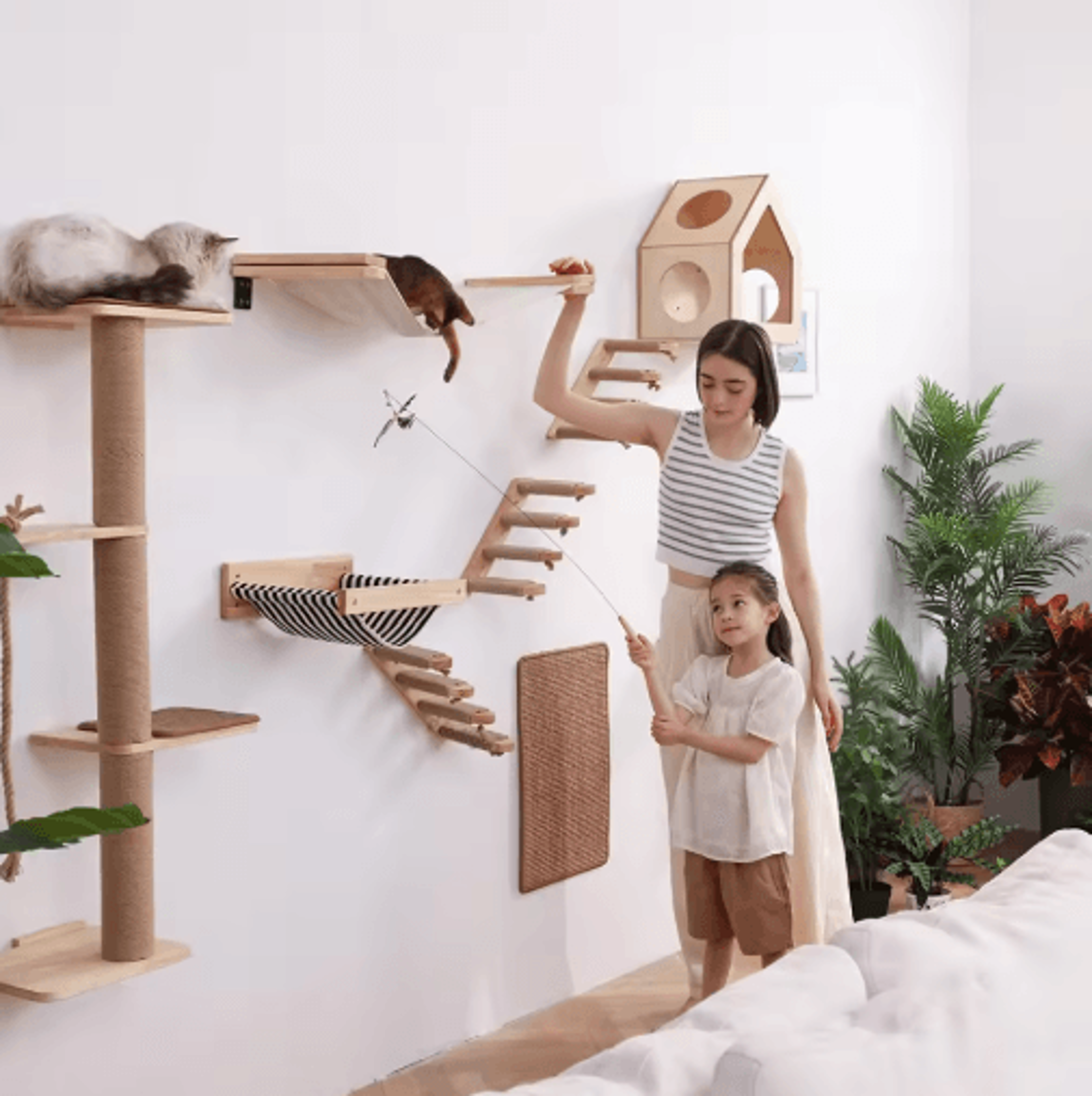 WallMounted Cat Climbing Shelf Set Cat Ladder Scratching Post  Cozy Hideaway House 17