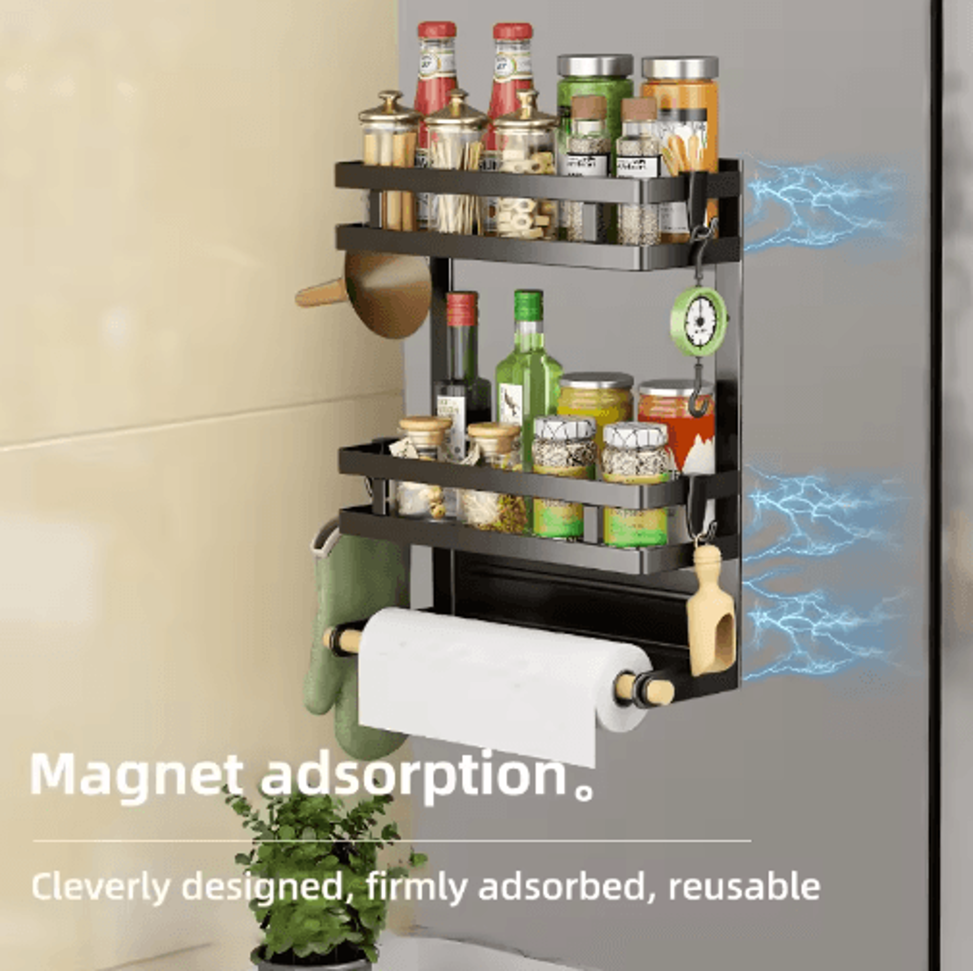 23 Tier Magnetic Refrigerator Organizer Shelf  SpaceSaving Kitchen Storage Rack With Towel Holder 8