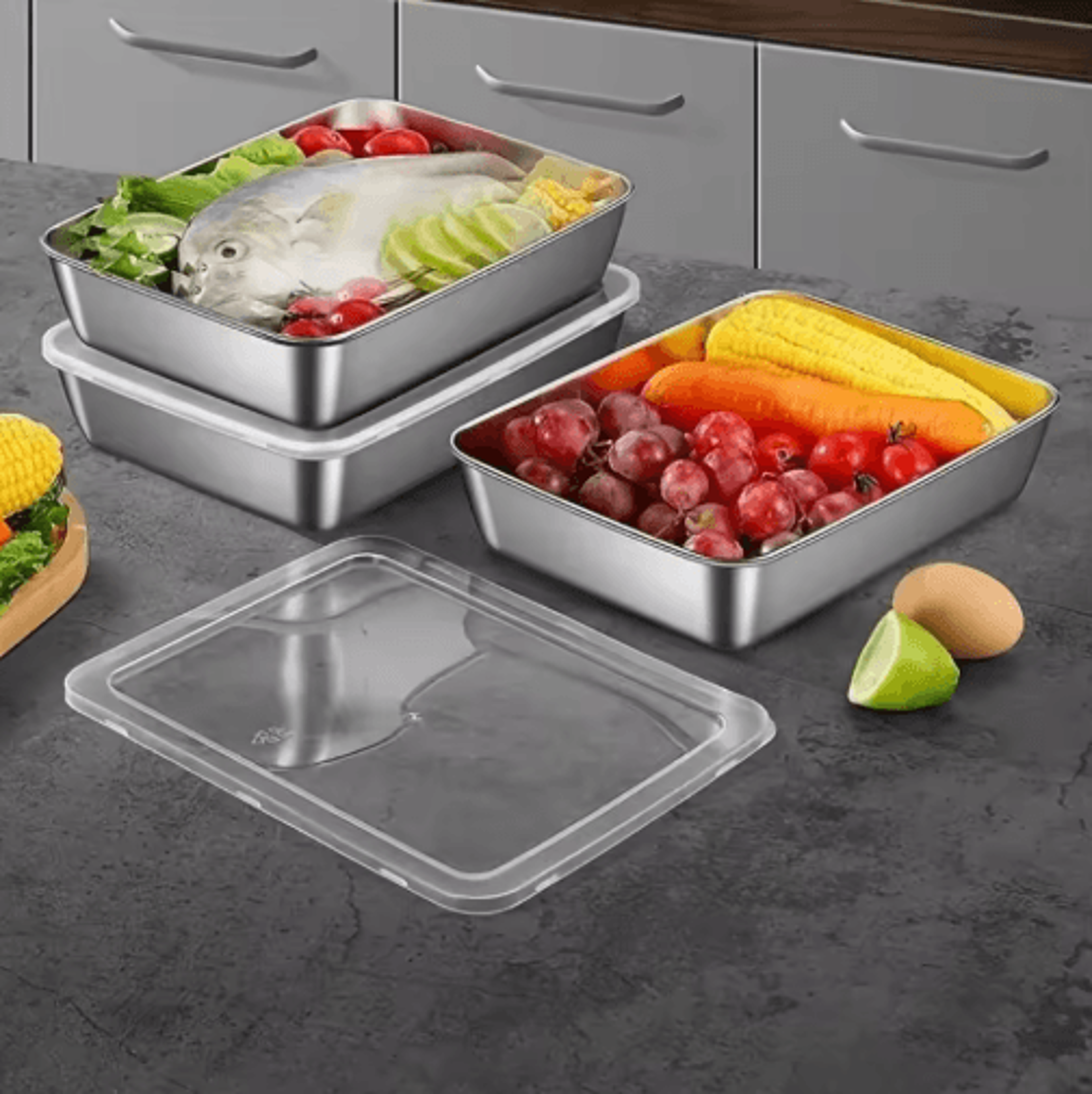 4Piece Stainless Steel Baking Pan Set With Lids For Roasting  Meal Prep 6