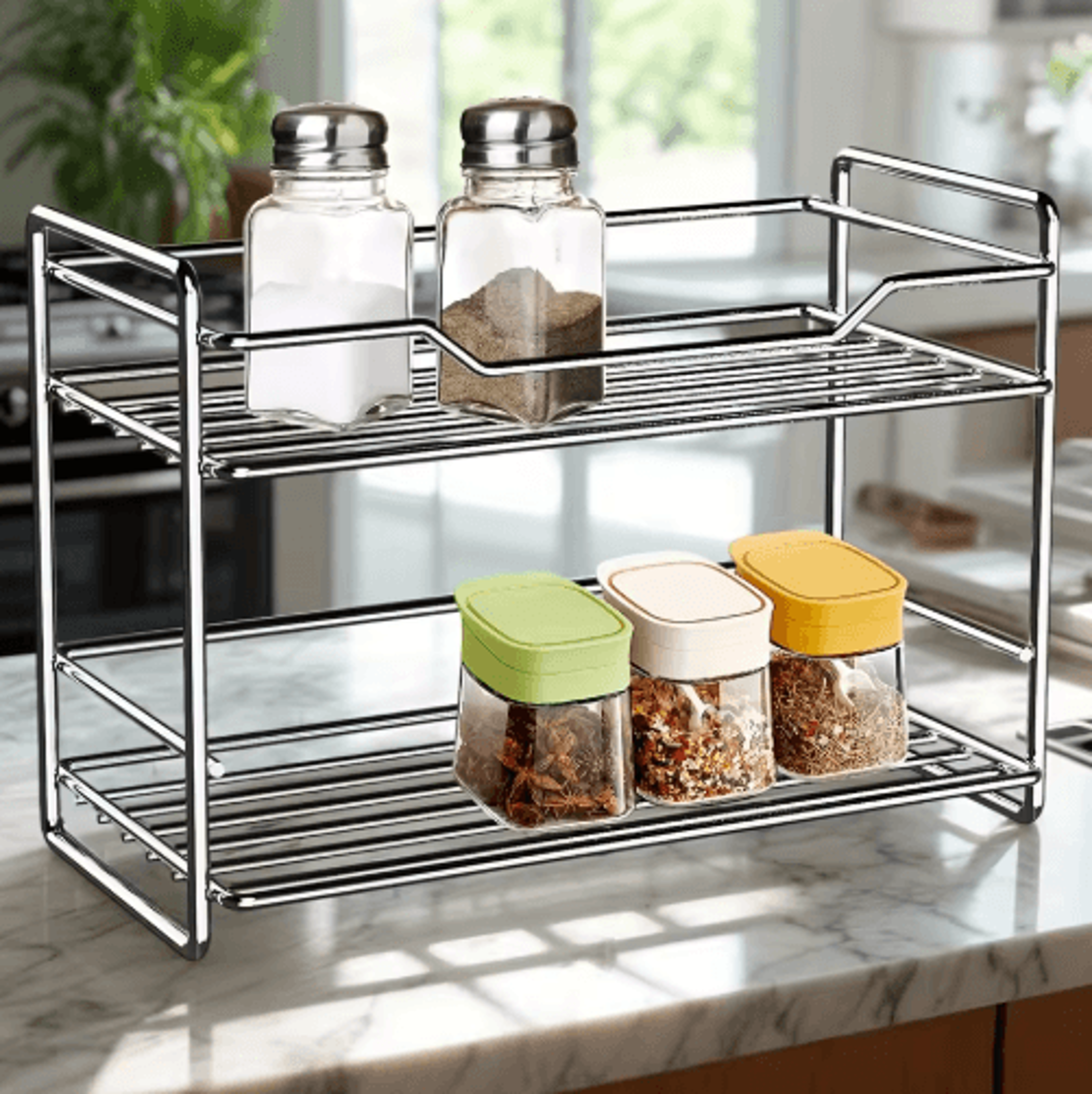 2-tier under sink sliding organizer with hooks & hanging cup storage