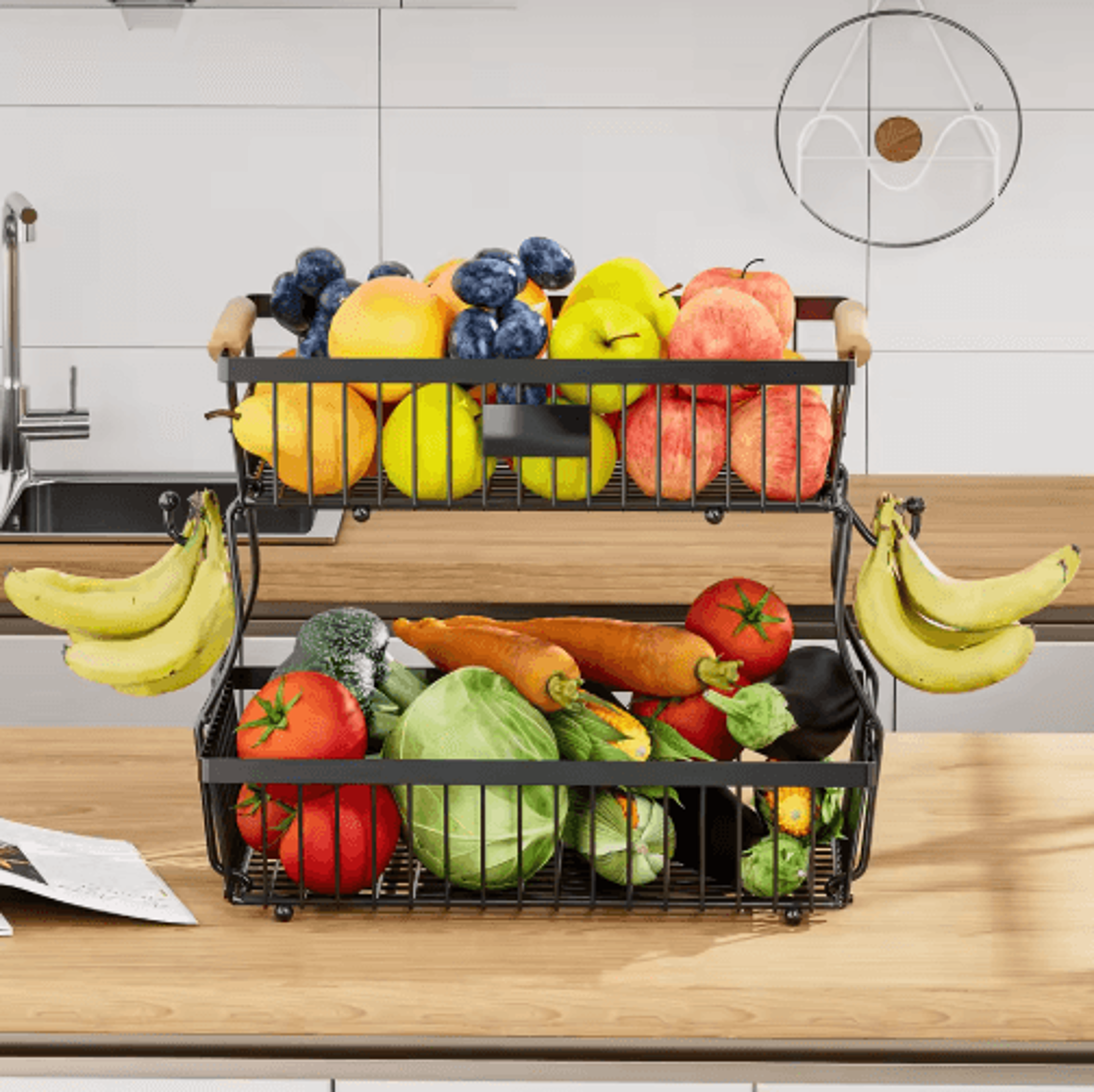 DoubleLayer Wooden Fruit  Vegetable Storage Stand With Removable Trays 6