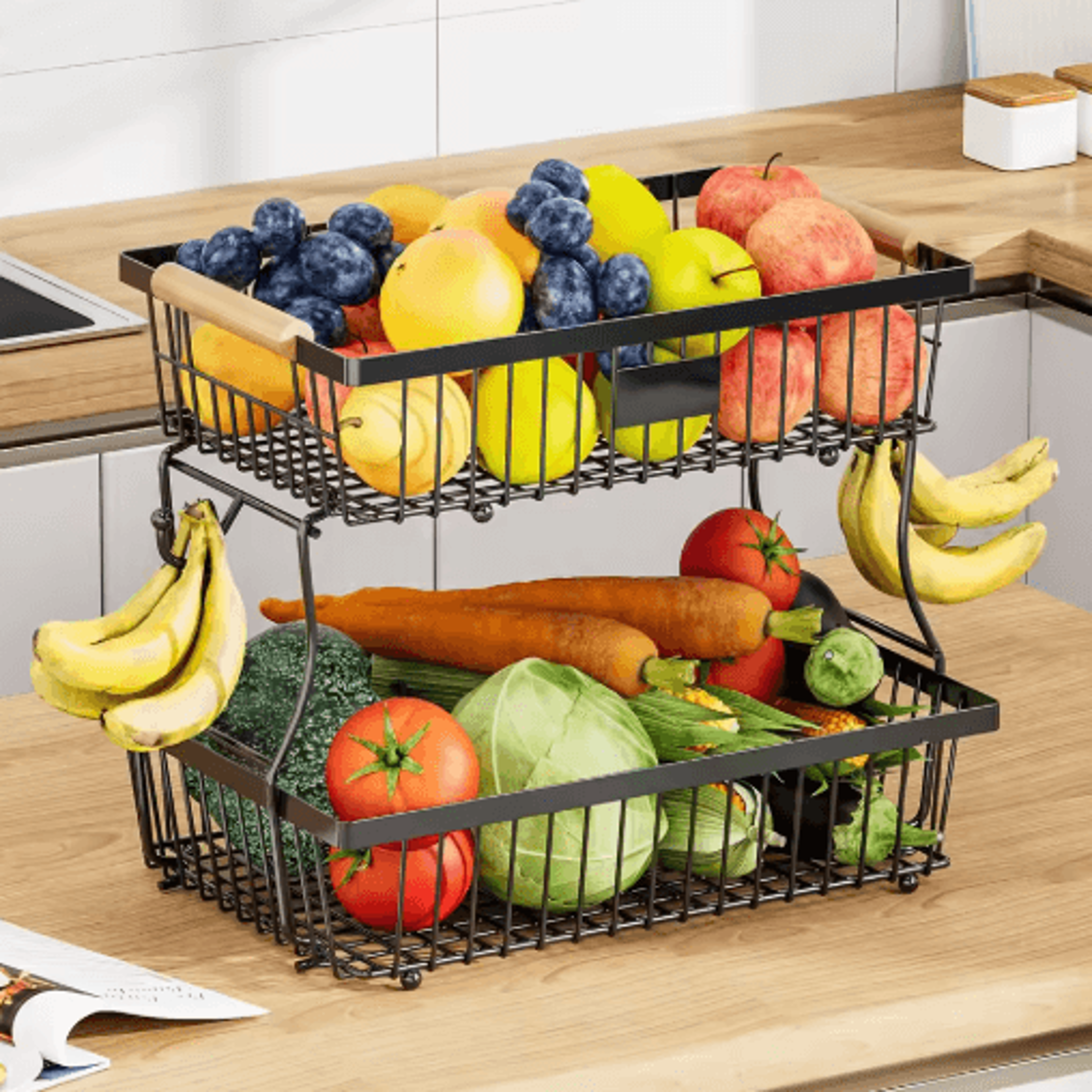 DoubleLayer Wooden Fruit  Vegetable Storage Stand With Removable Trays 0