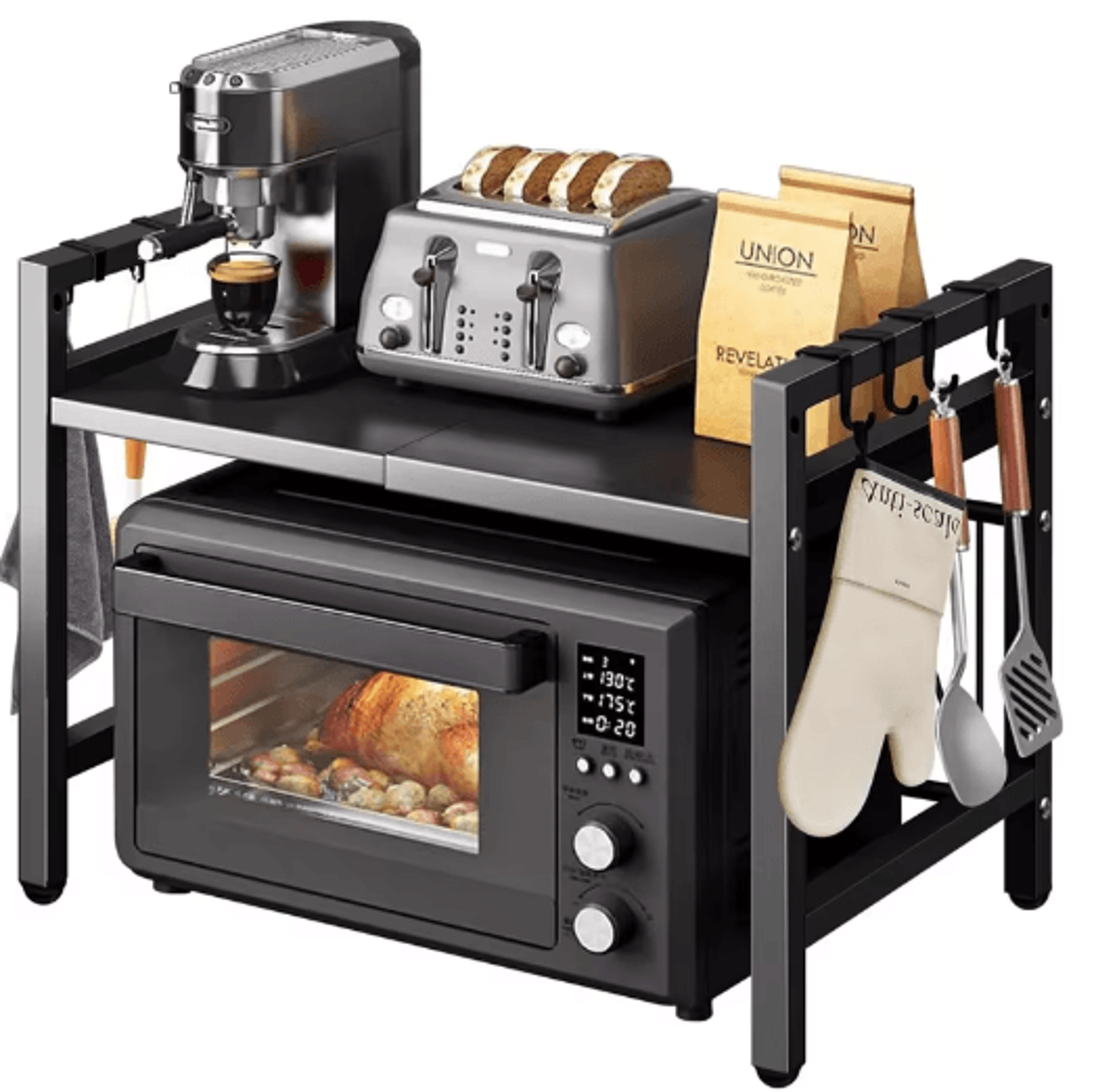 Adjustable Microwave Storage Rack With Hooks Heavy Duty Kitchen Organizer Shelf 6