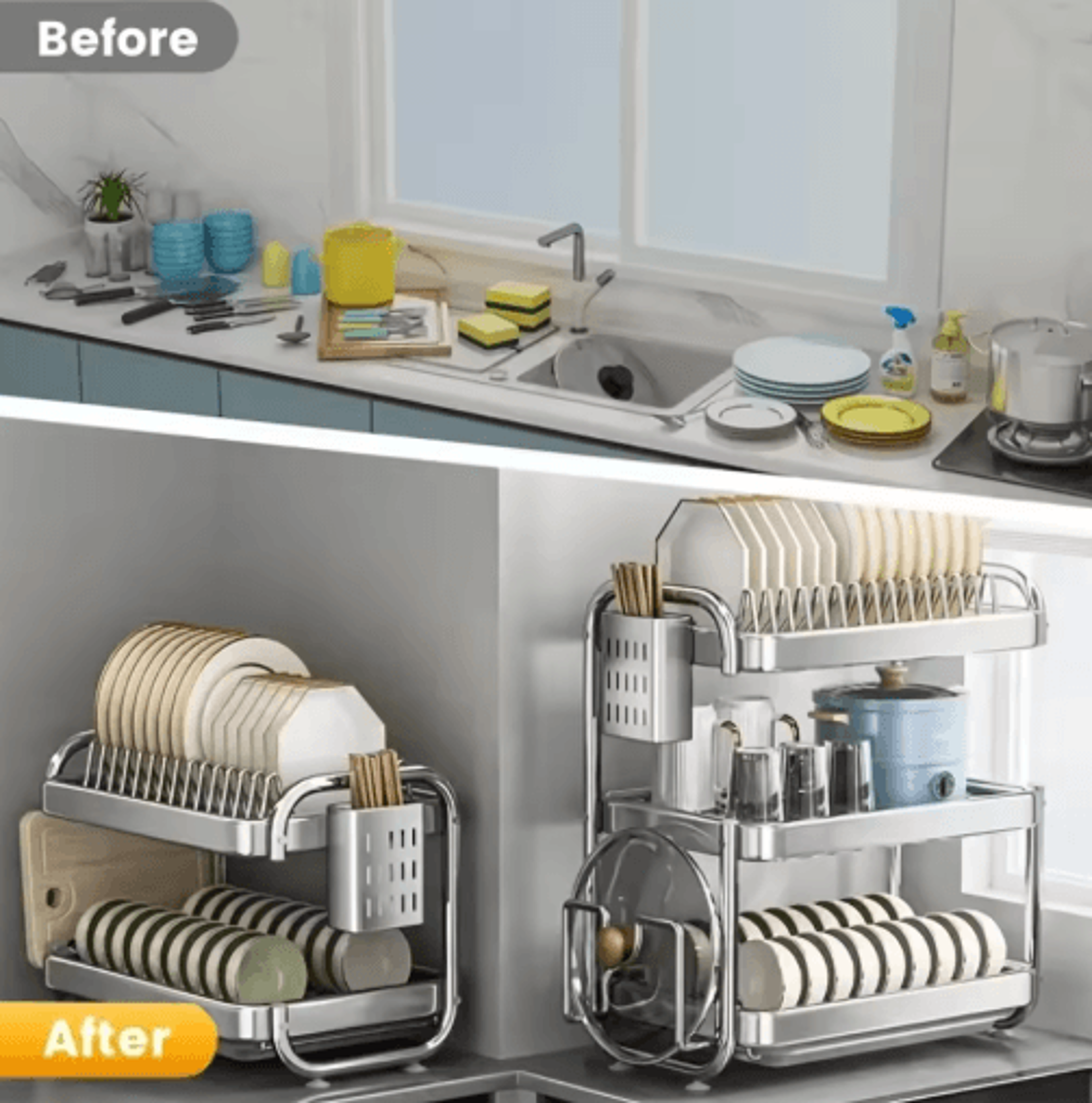 Stainless Steel MultiTier Dish Drying Rack With LargeCapacity Storage 5