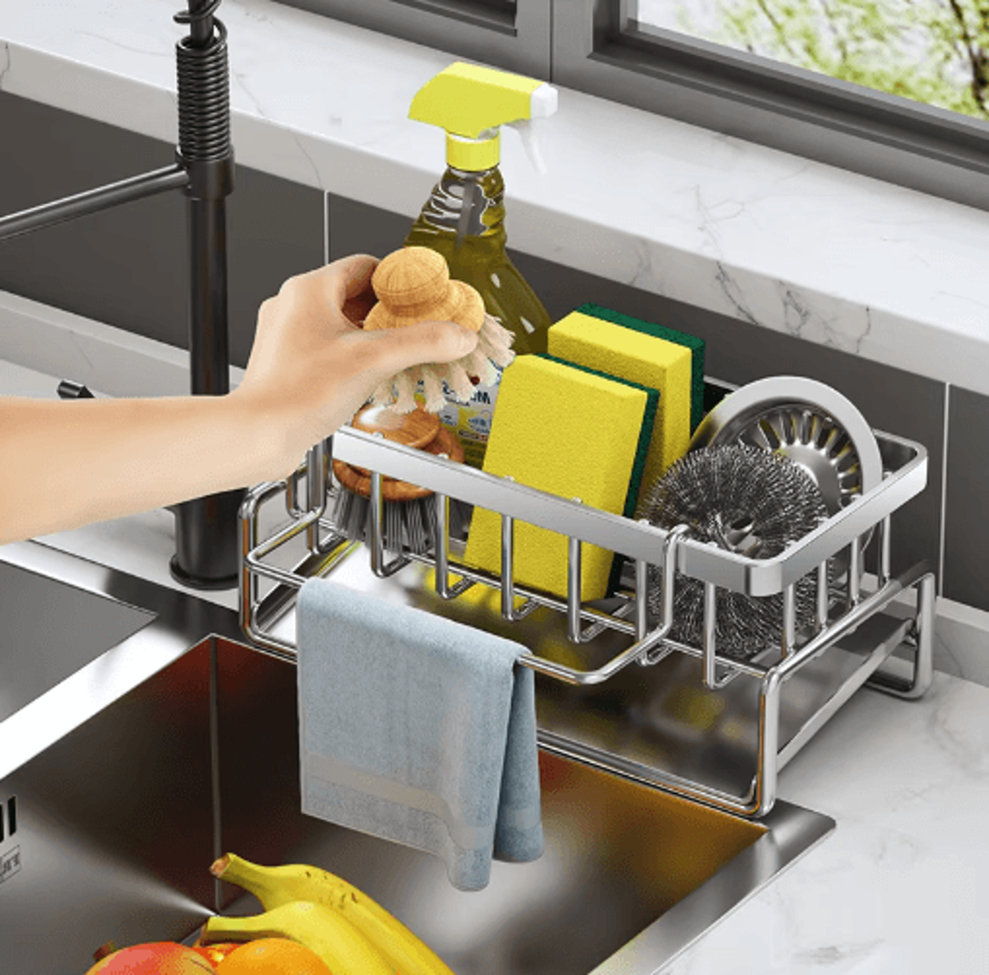 stainless steel sink caddy organizer – faucet sponge holder & soap drain rack