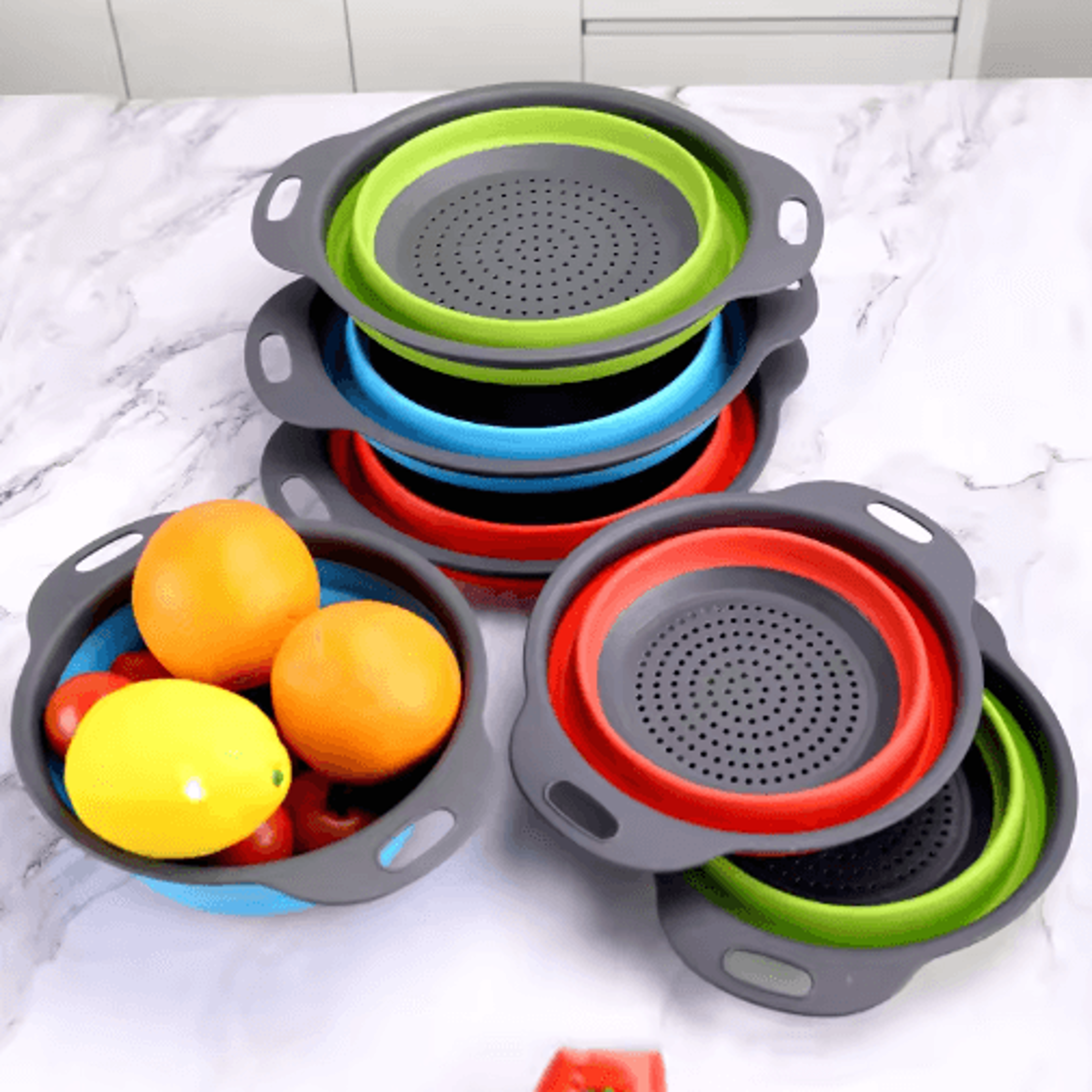 folding silicone colander – collapsible drain basket for fruits, vegetables & pasta (1/2 pcs)