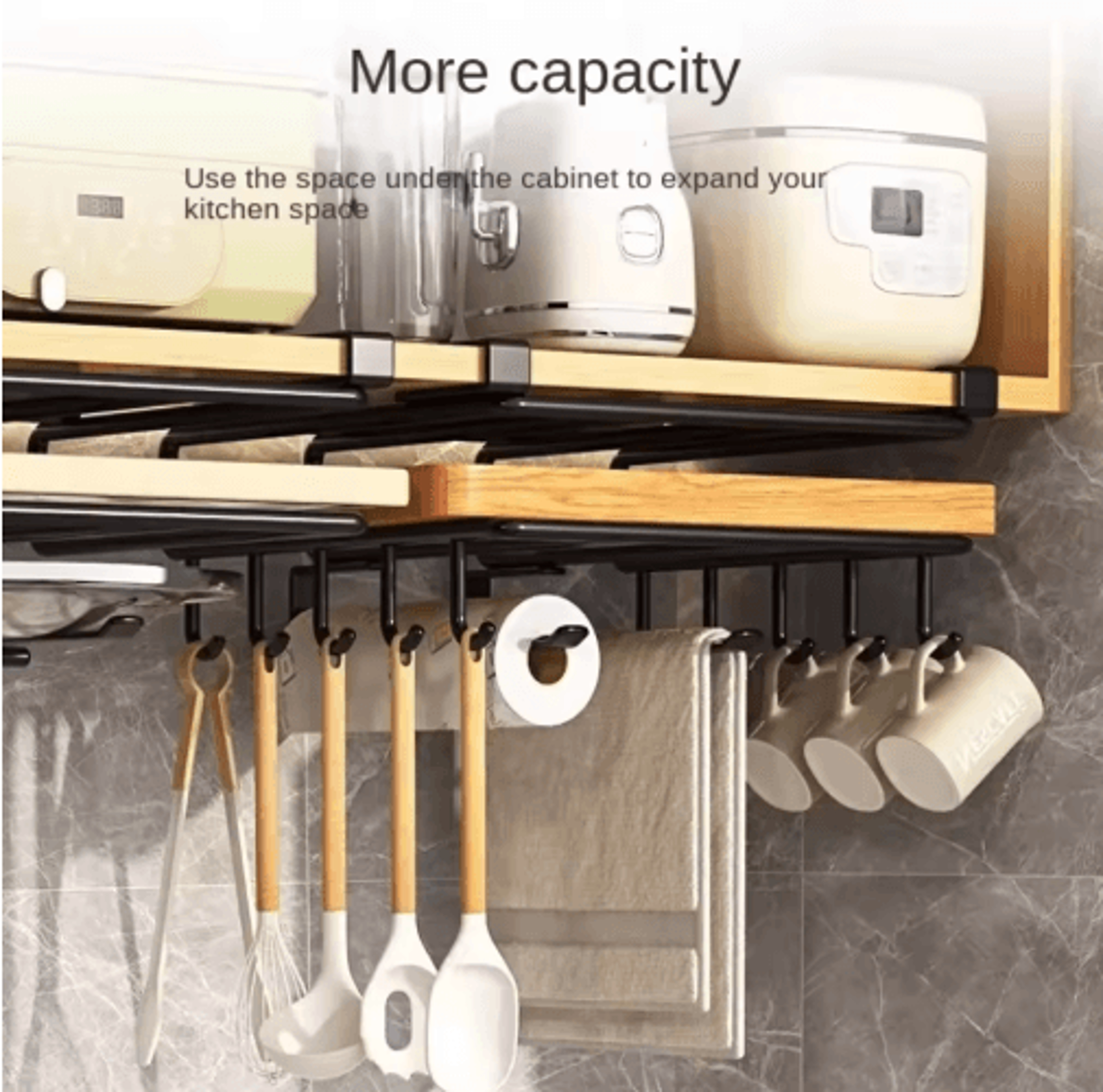 Under Cabinet Kitchen Organizer Rack  Hanging Storage Shelf With Hooks  Paper Towel Holder 5