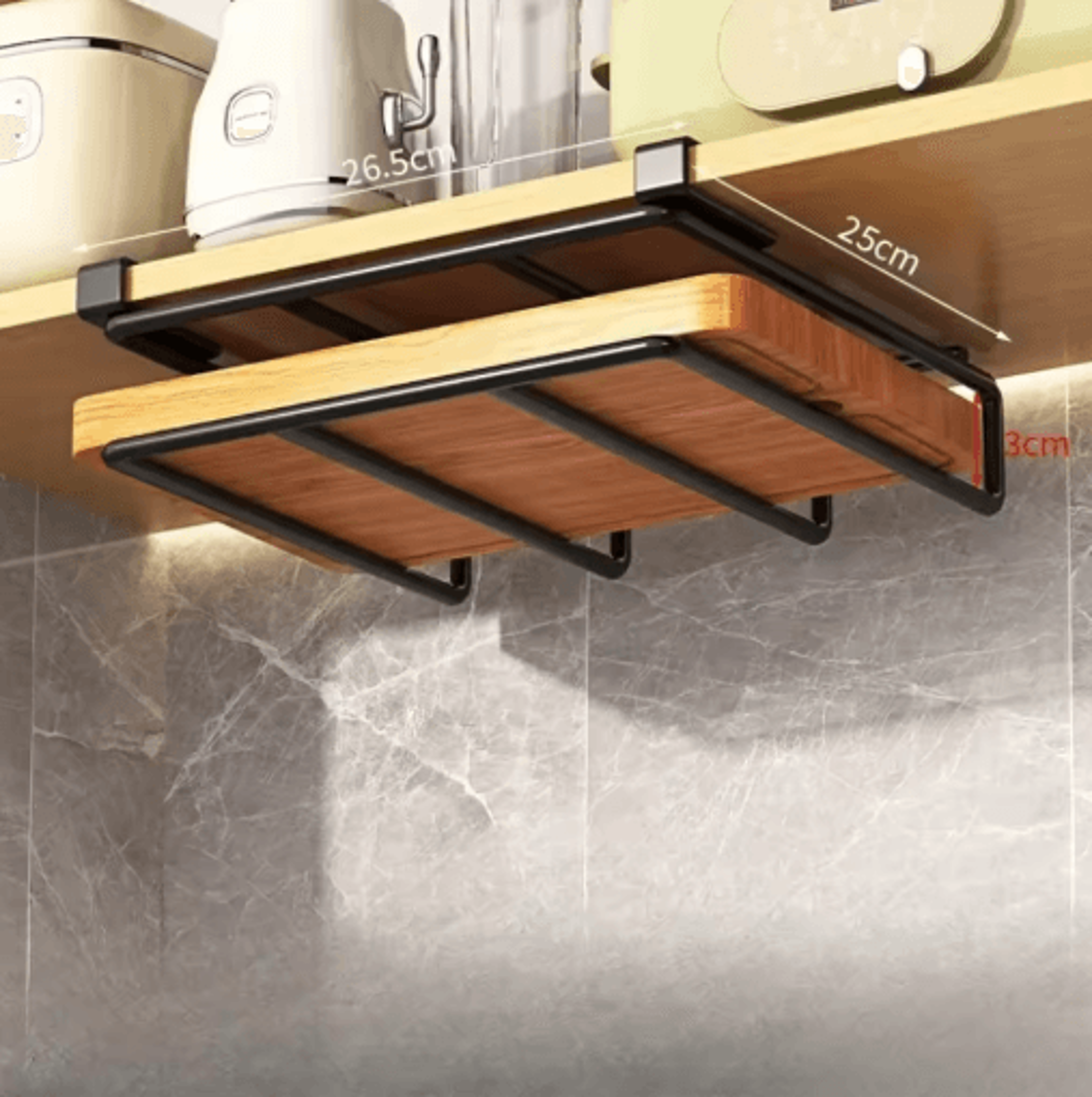 Under Cabinet Kitchen Organizer Rack  Hanging Storage Shelf With Hooks  Paper Towel Holder 0