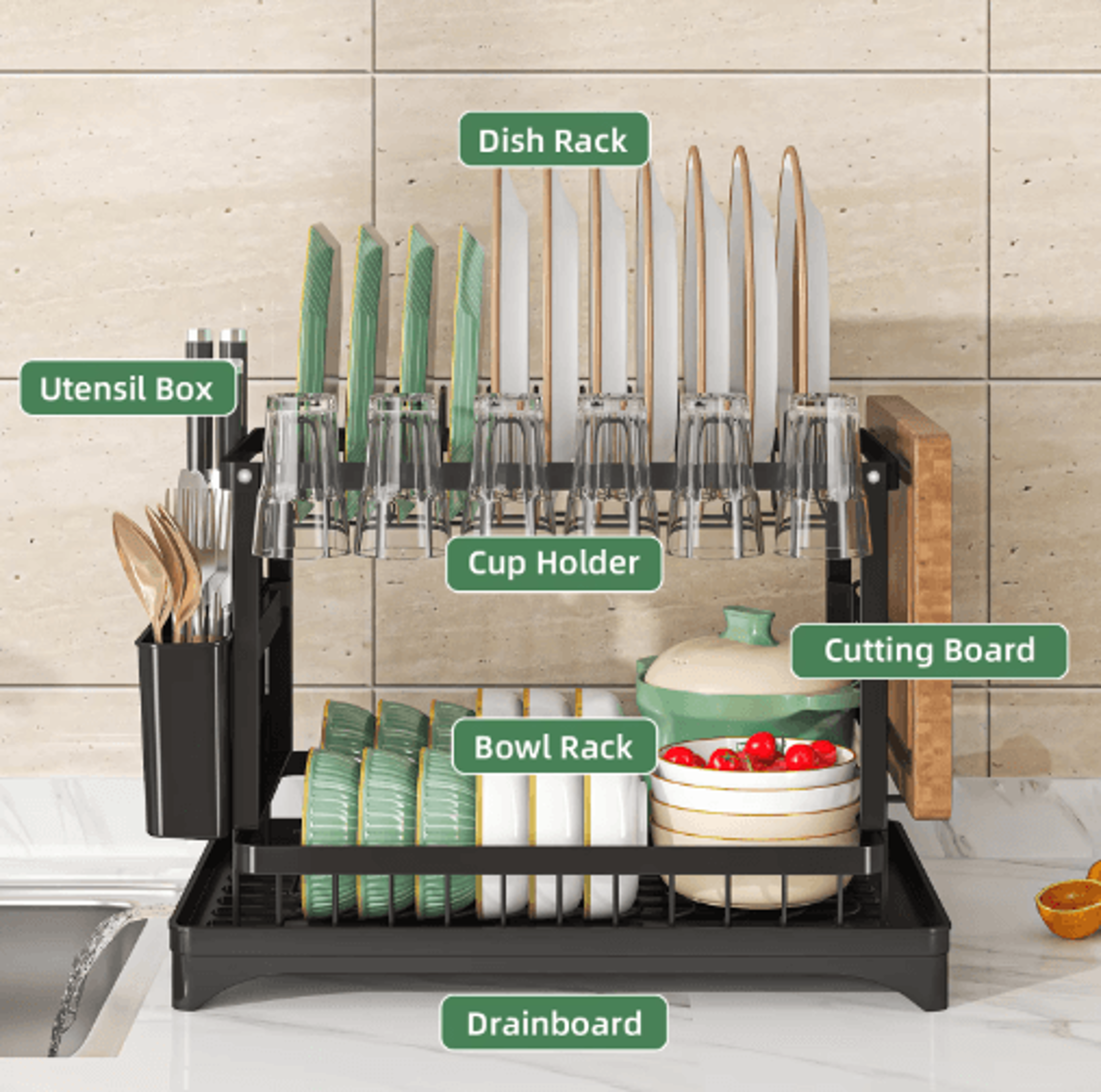 2 Tier Dish Drying Rack With Drain Tray Cutlery Holder  Cup Storage For Kitchen Countertops 4