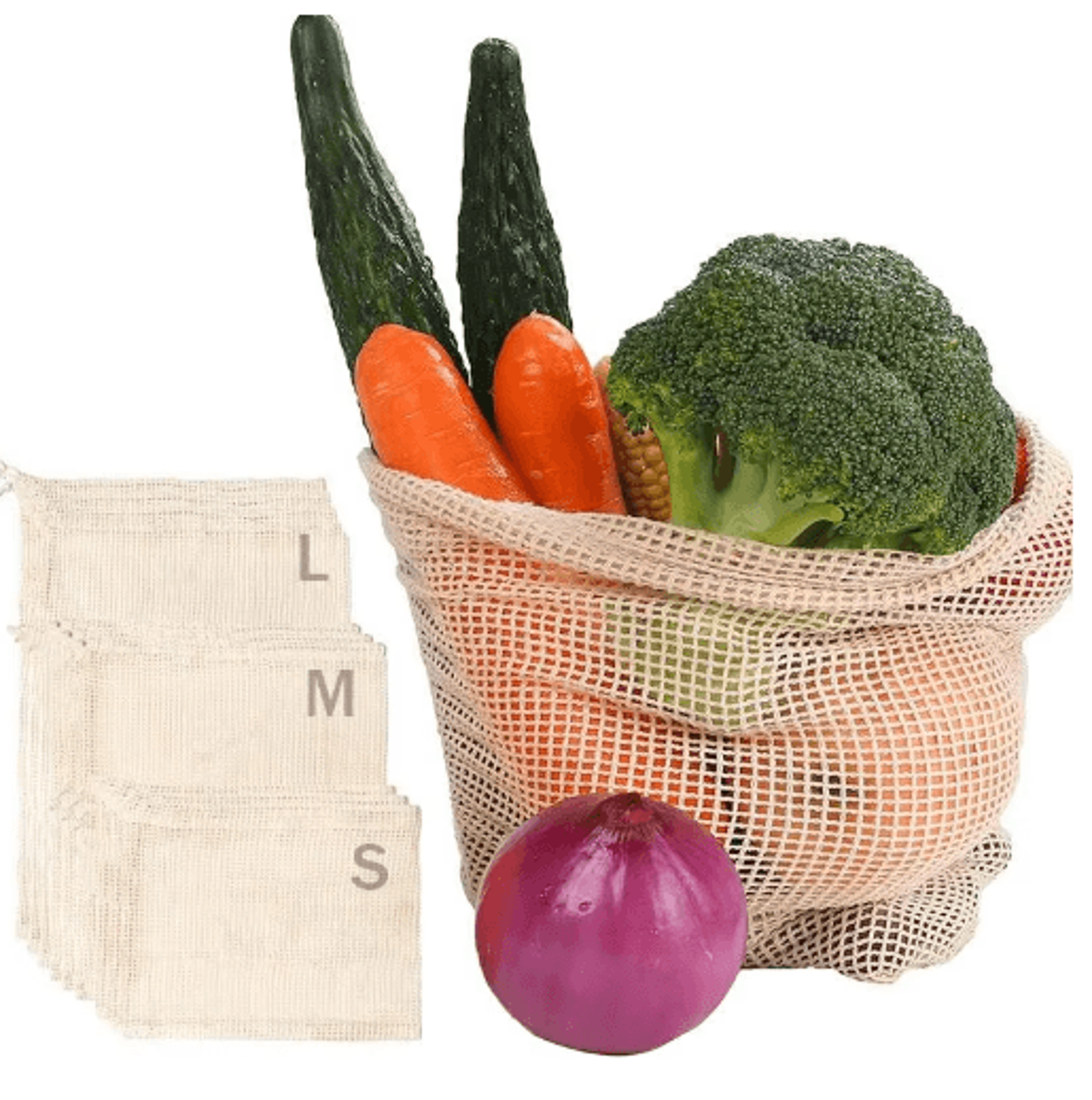 3Piece Reusable Cotton Mesh Produce Bags  Drawstring Vegetable  Fruit Storage Bags 3