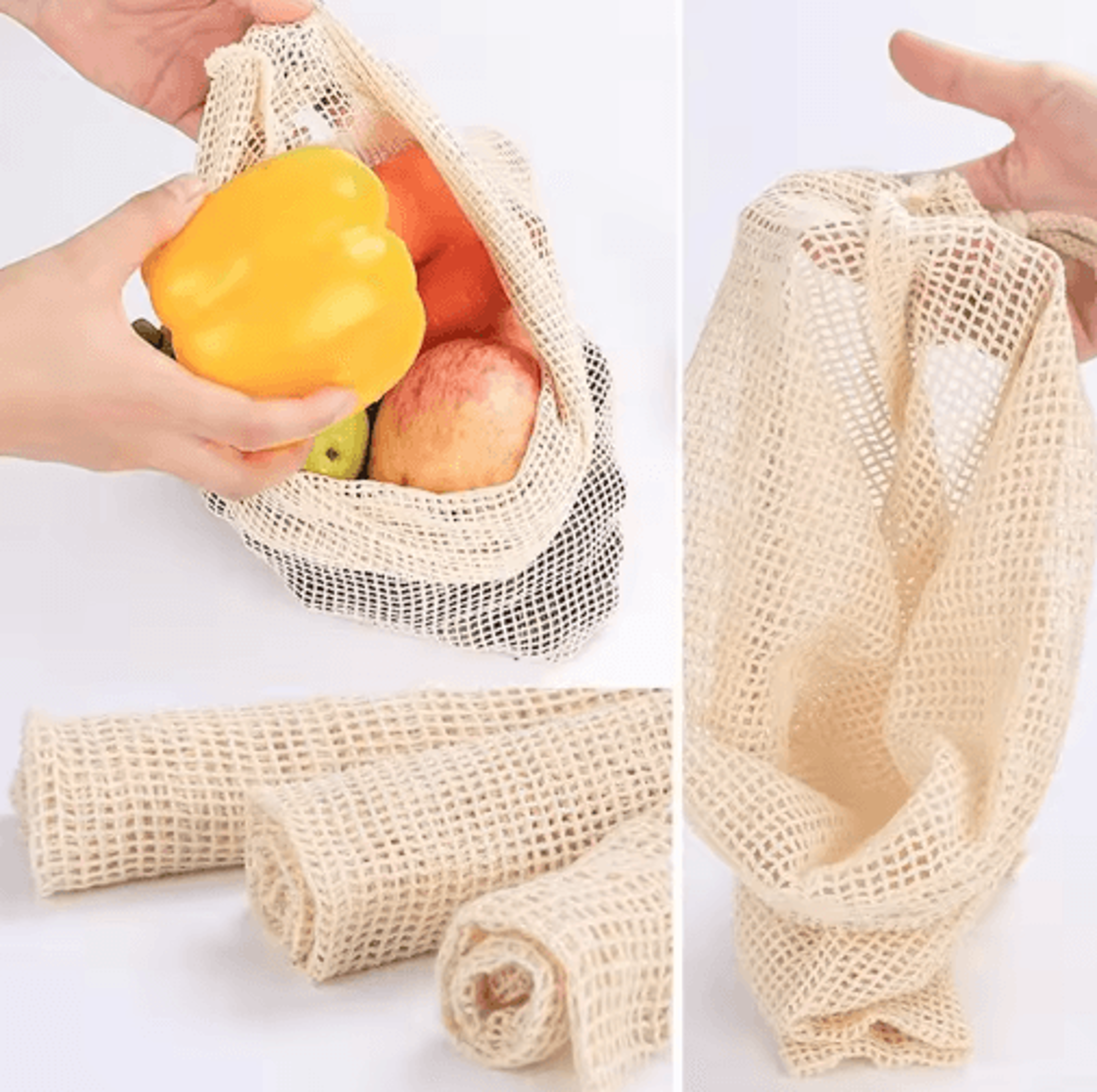 3Piece Reusable Cotton Mesh Produce Bags  Drawstring Vegetable  Fruit Storage Bags 0