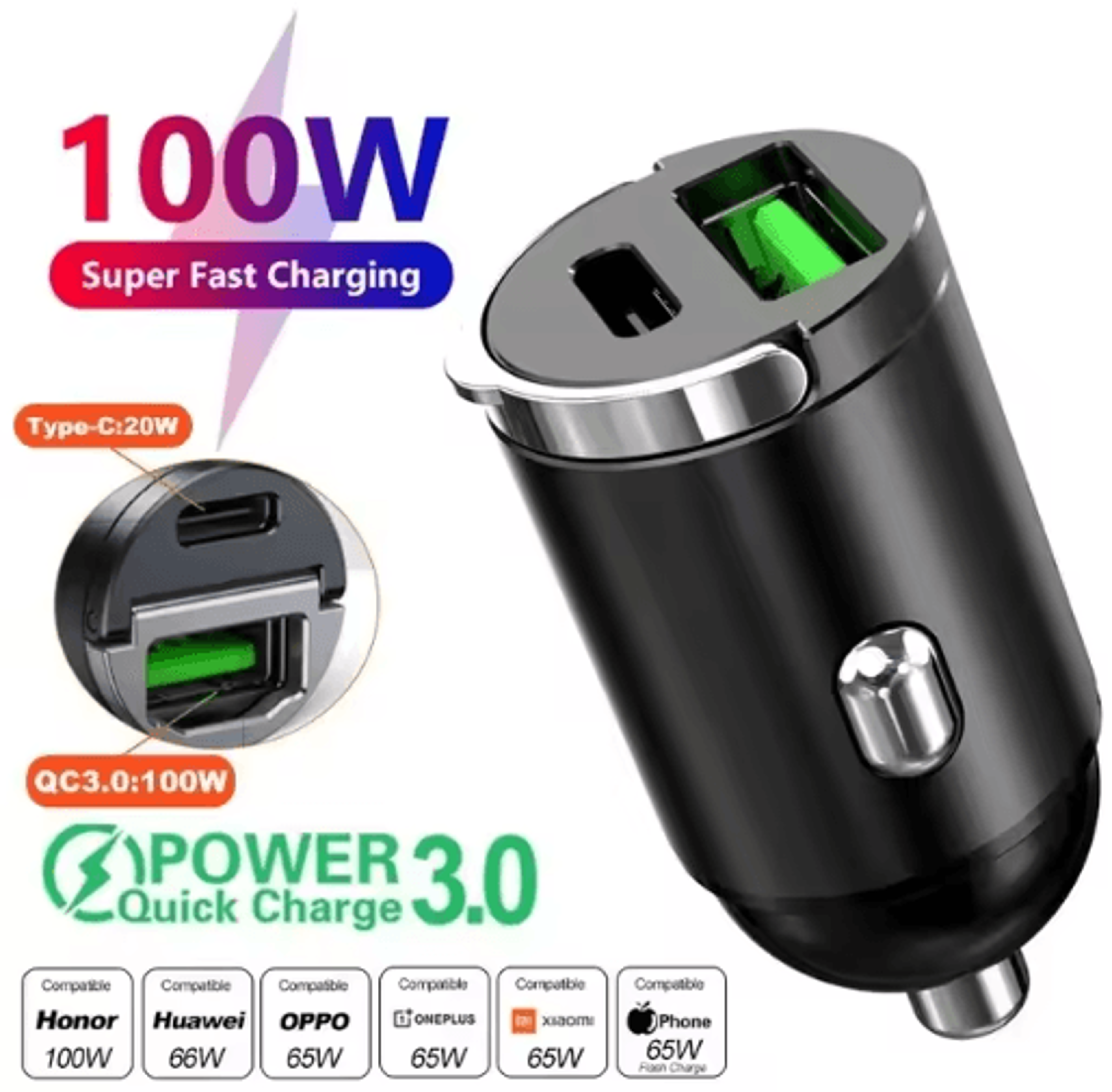 200W Mini USB Car Charger  Super Fast Cigarette Lighter Charging Adapter 1