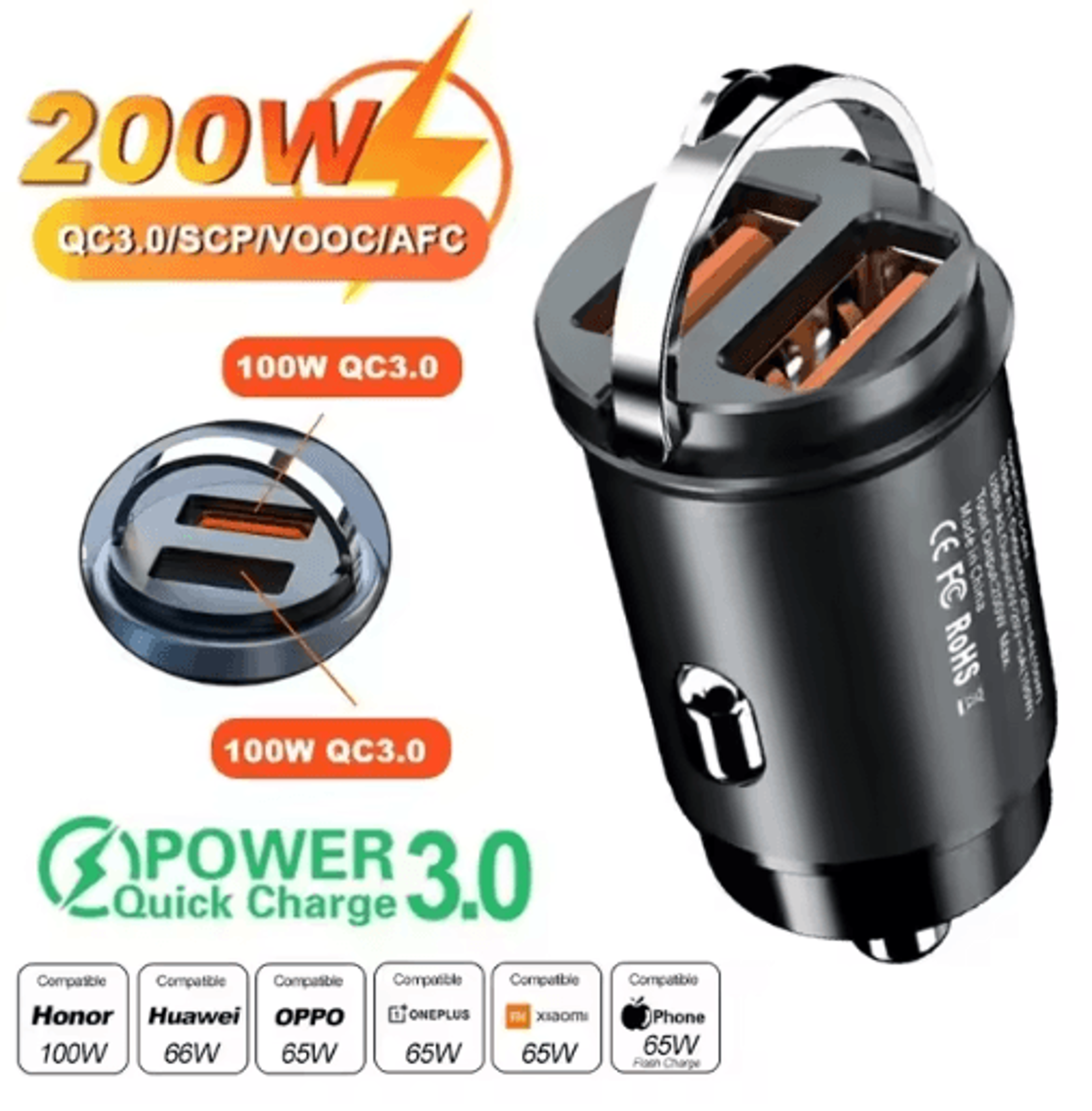 200W Mini USB Car Charger  Super Fast Cigarette Lighter Charging Adapter 2