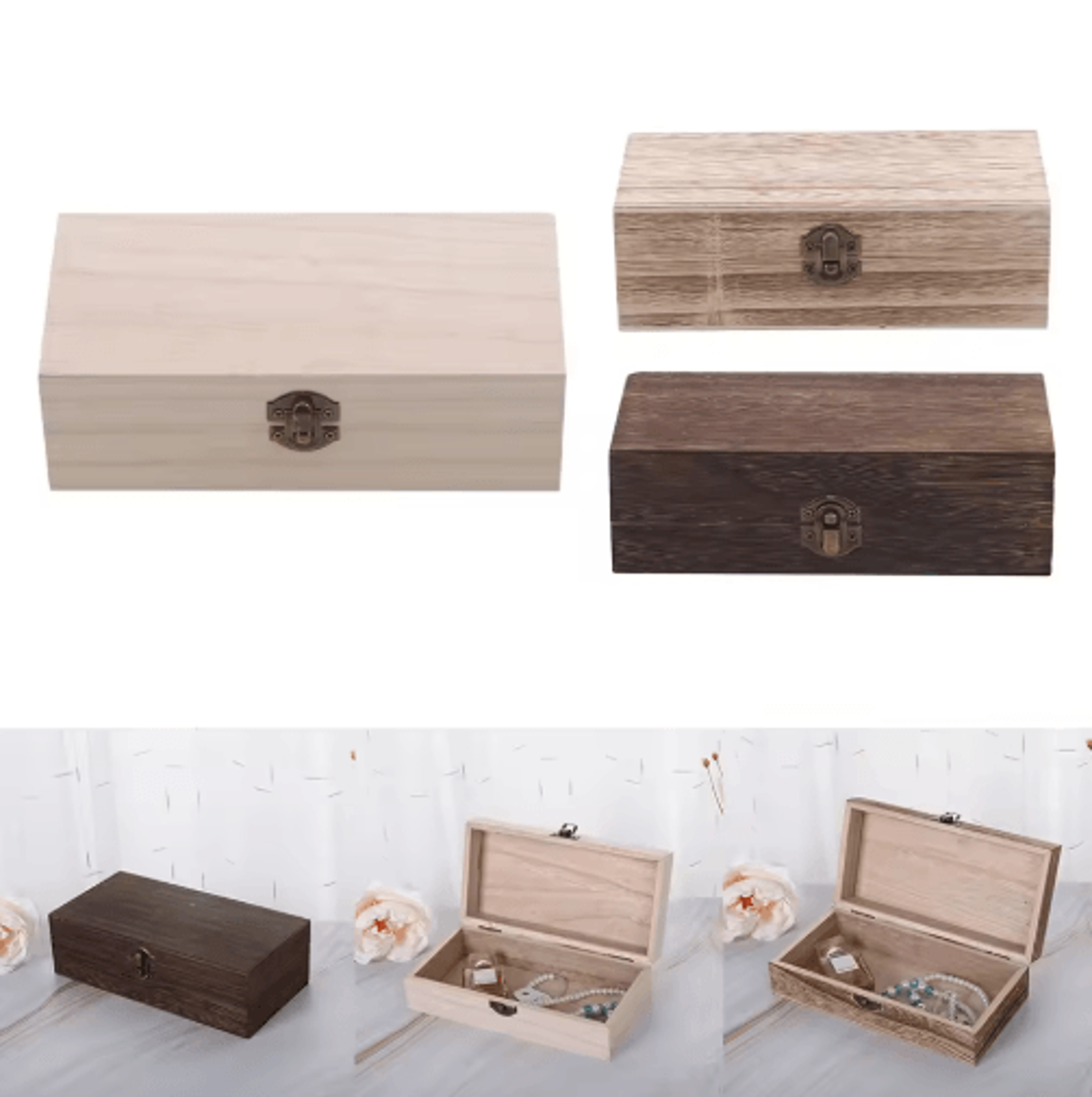Retro Wooden Storage Box With Clamshell Lid For Jewelry Keepsakes  Desktop Organization 7