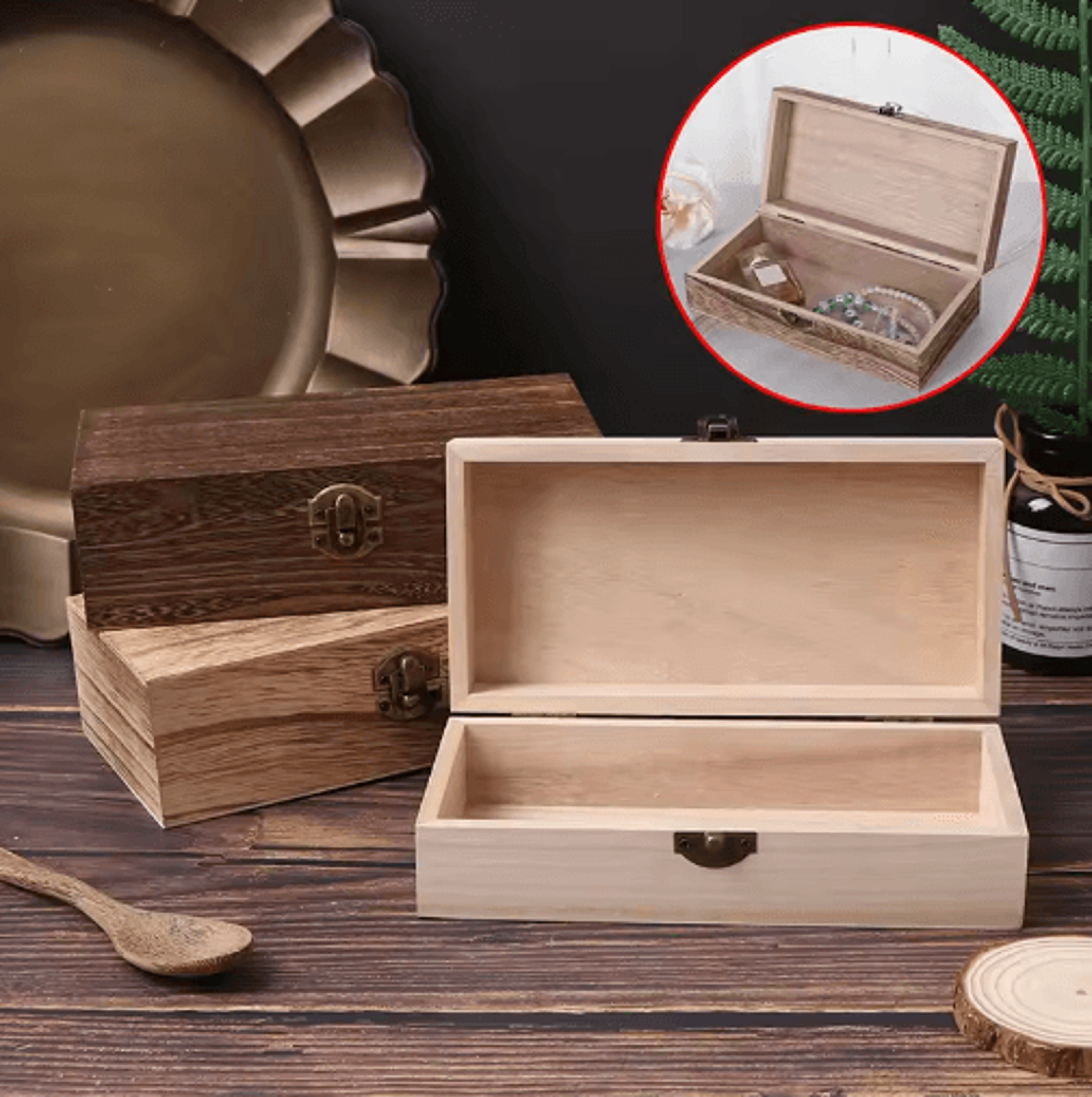 Retro Wooden Storage Box With Clamshell Lid For Jewelry Keepsakes  Desktop Organization 8