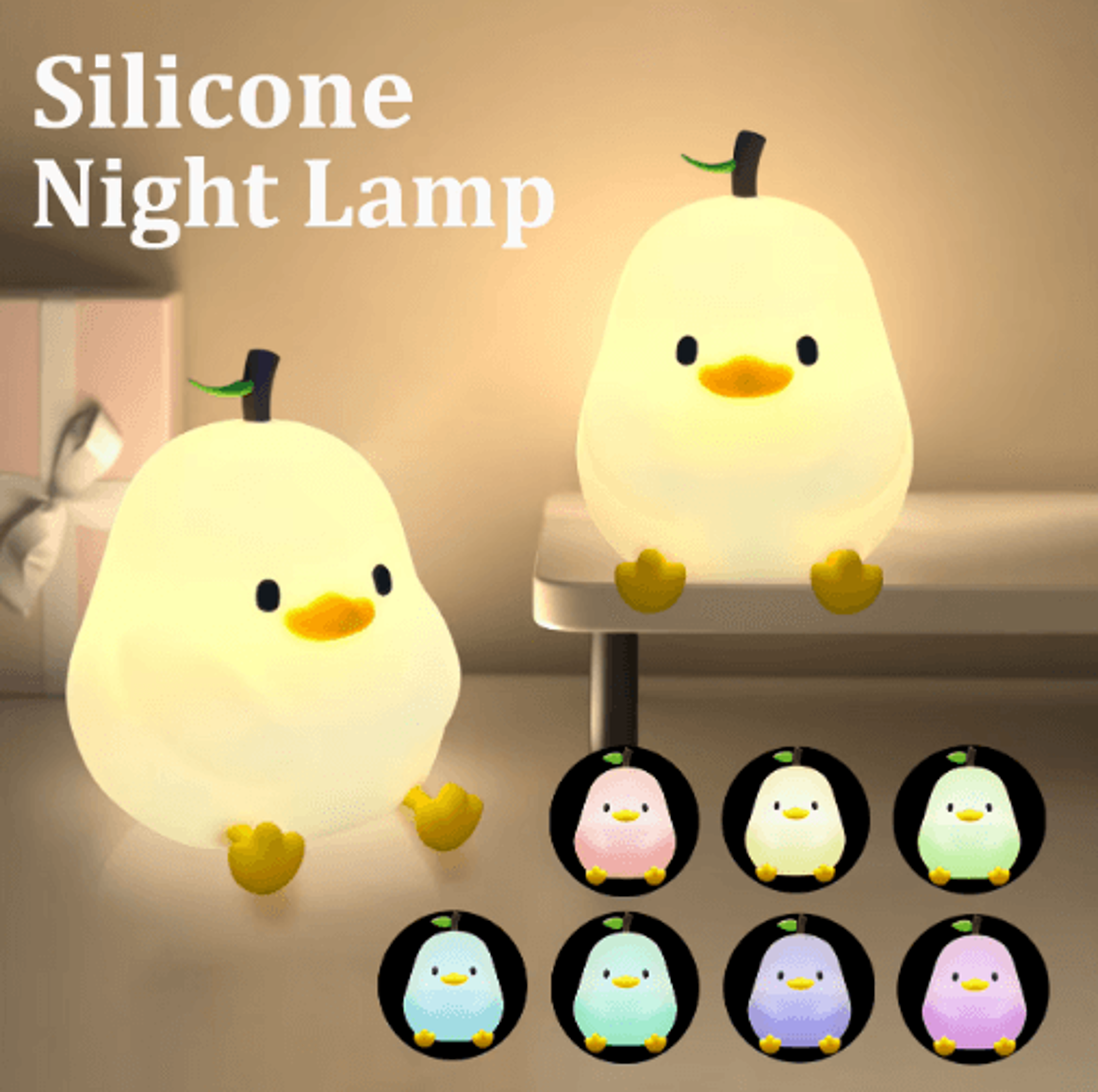 cute pear silicone night light – usb rechargeable 7-color touch-control bedside lamp