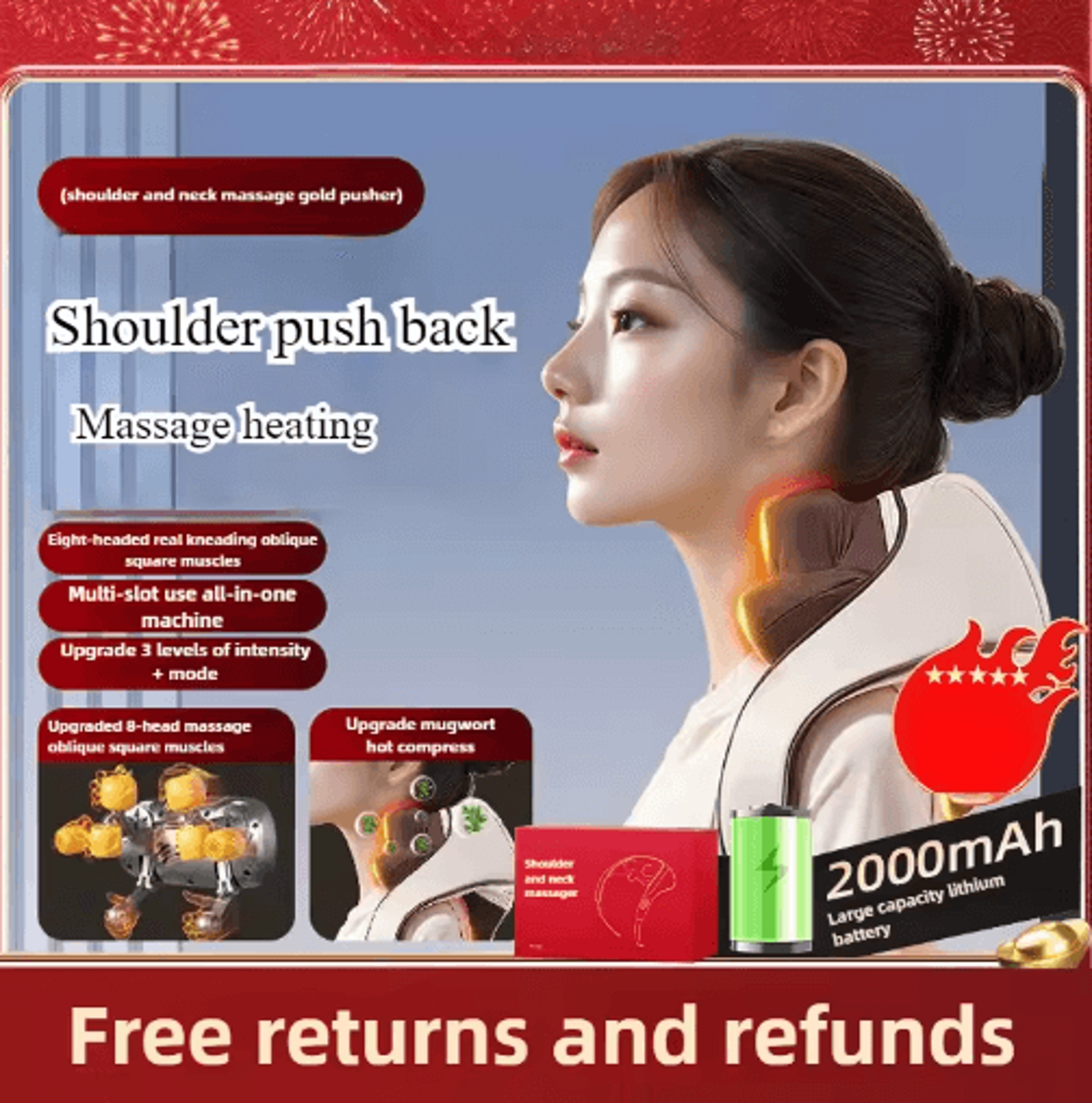 8Head Wireless Neck  Shoulder Massager With Heat  Rechargeable Kneading Massage Shawl For Back Wais 1