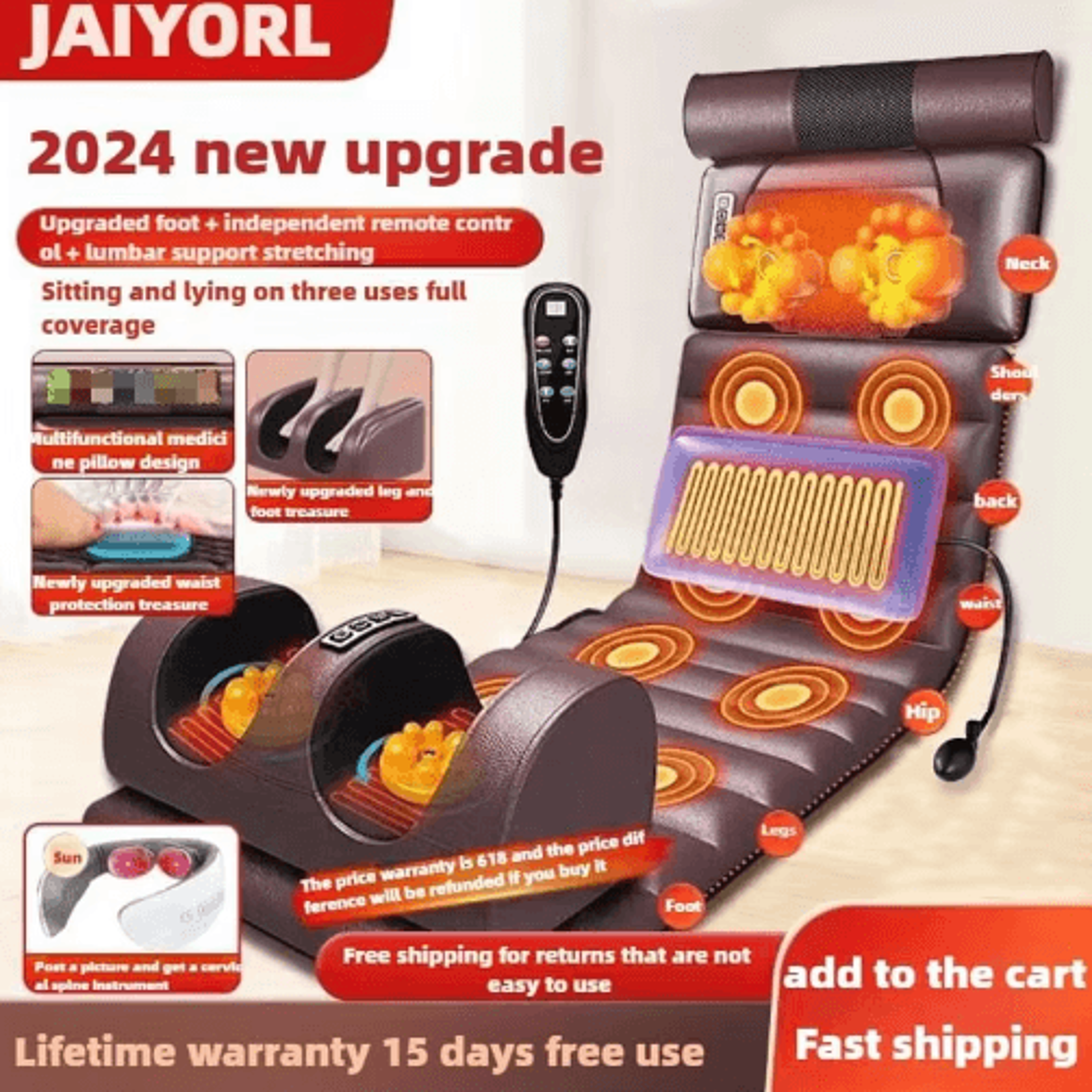 electric full body massage mattress with heat – airbag, kneading & vibration massage cushion with hand controller