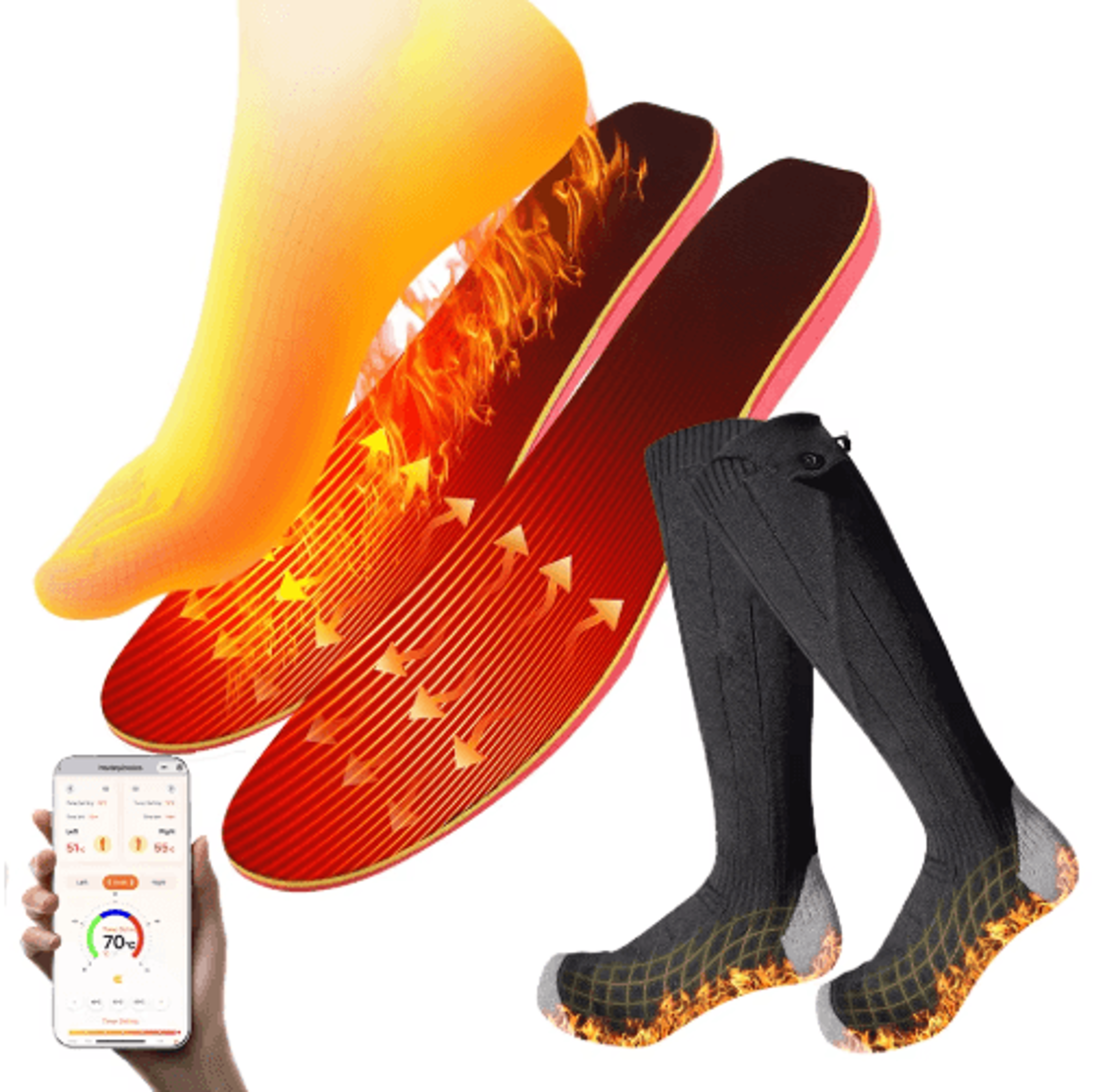 app-control heated insoles with adjustable temperature for winter hiking, skiing & outdoor comfort