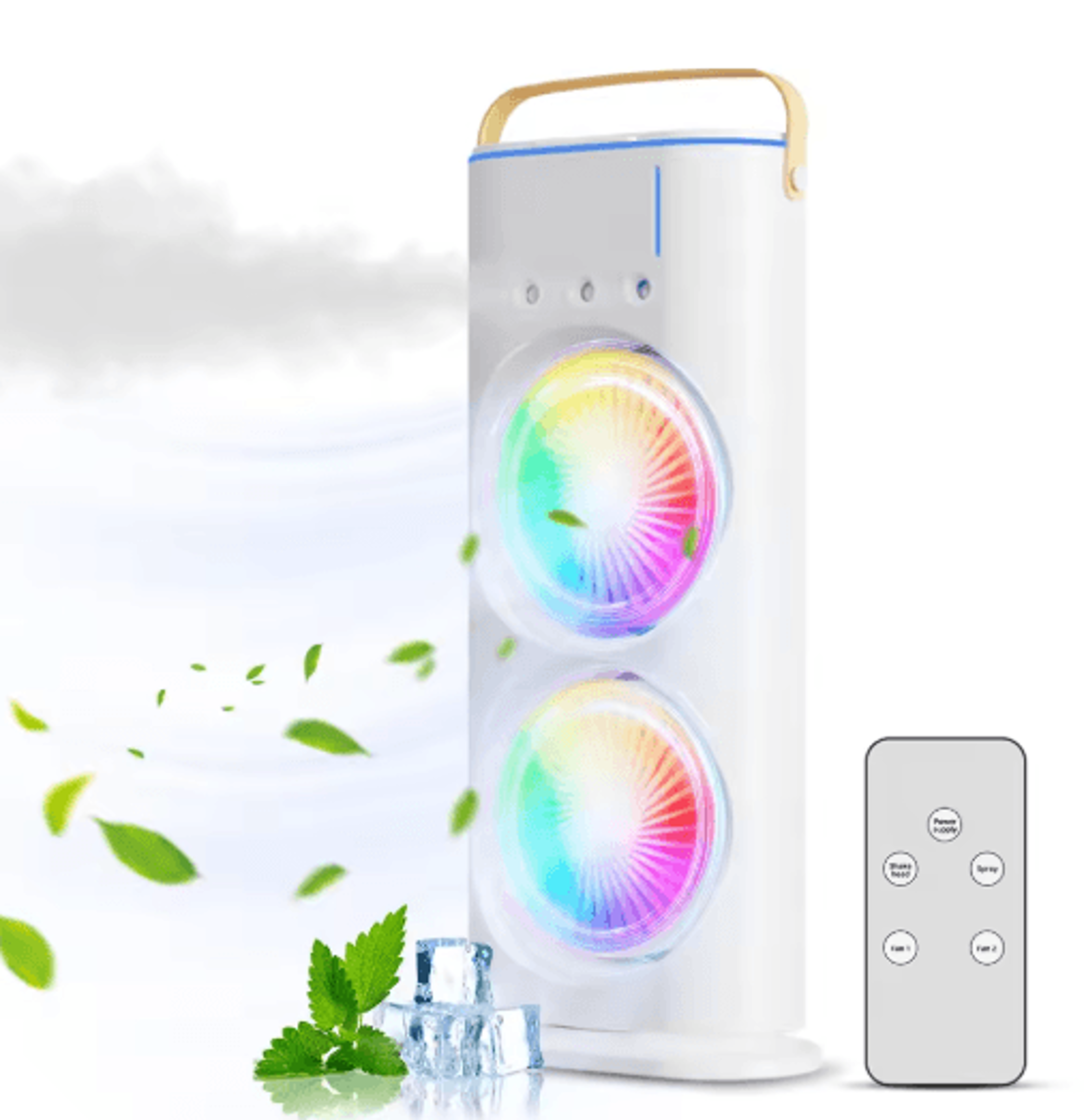 2in1 Dual Fan Air Cooler With Humidifier  USB Water Cooling Fan With RGB Lights  3 Mist Modes 1