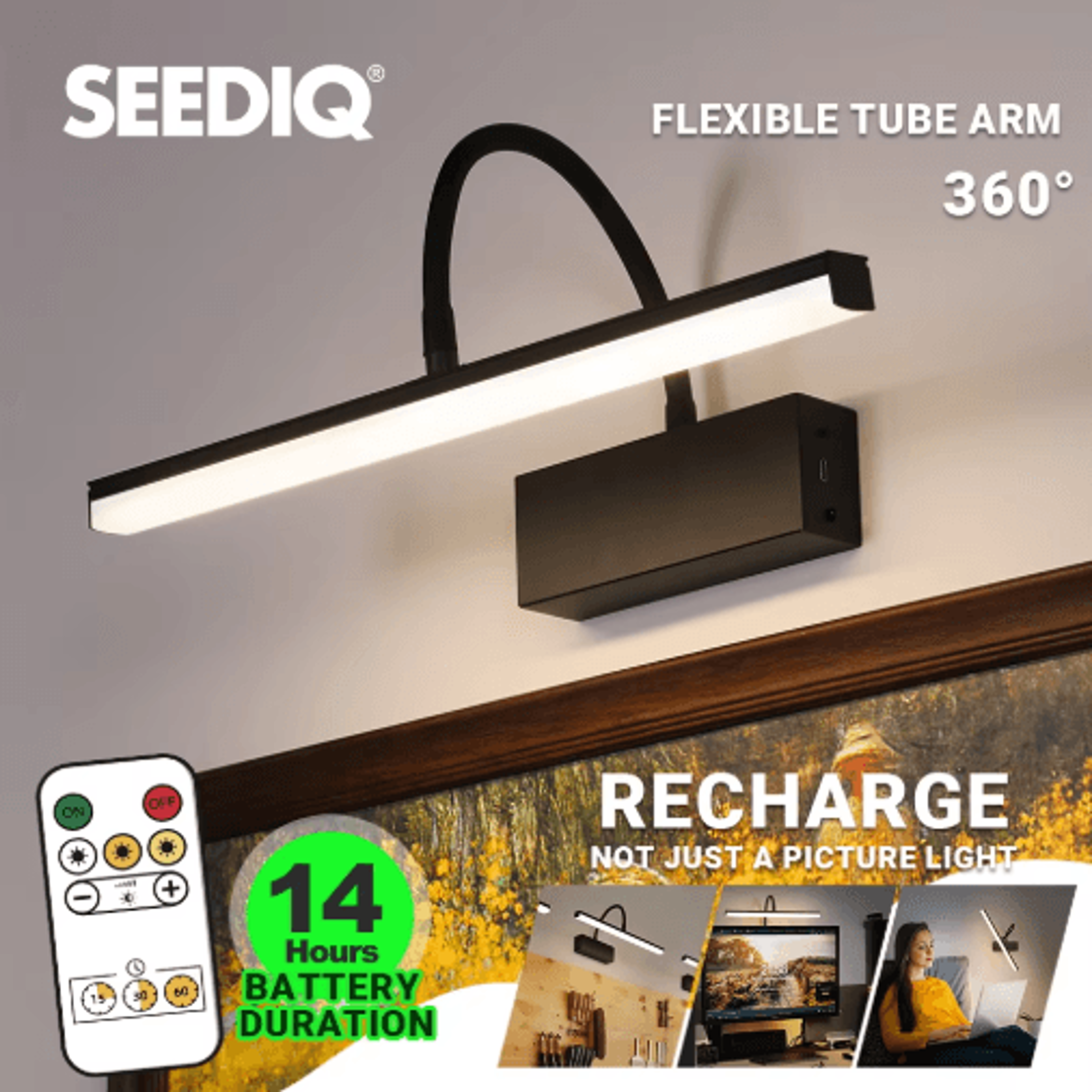 40CM Rechargeable LED Picture Light  Adjustable Wireless Wall Sconce In Black 0