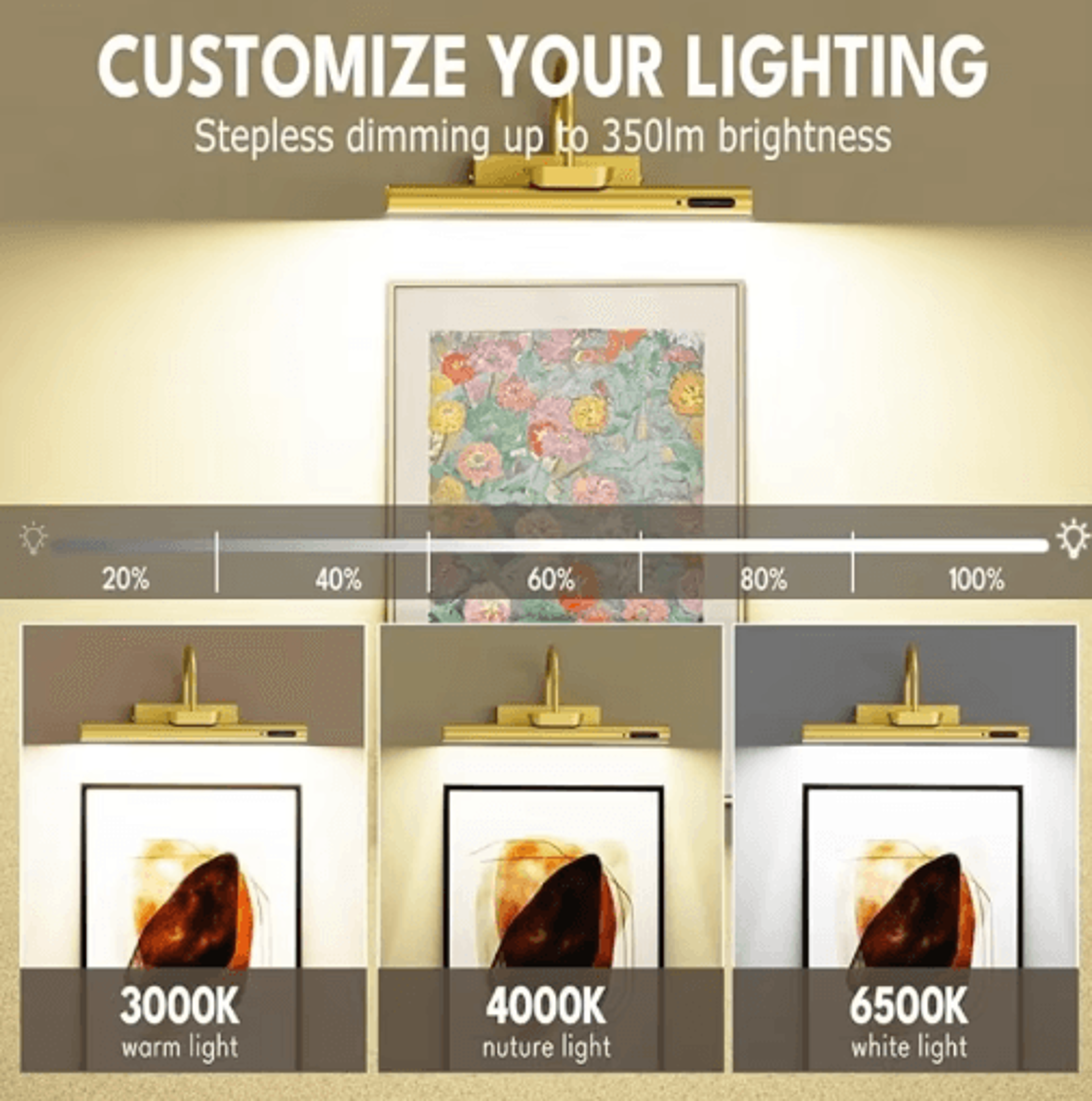 Modern Rechargeable Waterproof Picture Light  Wireless Dimmable Wall Sconce With Remote Control 9