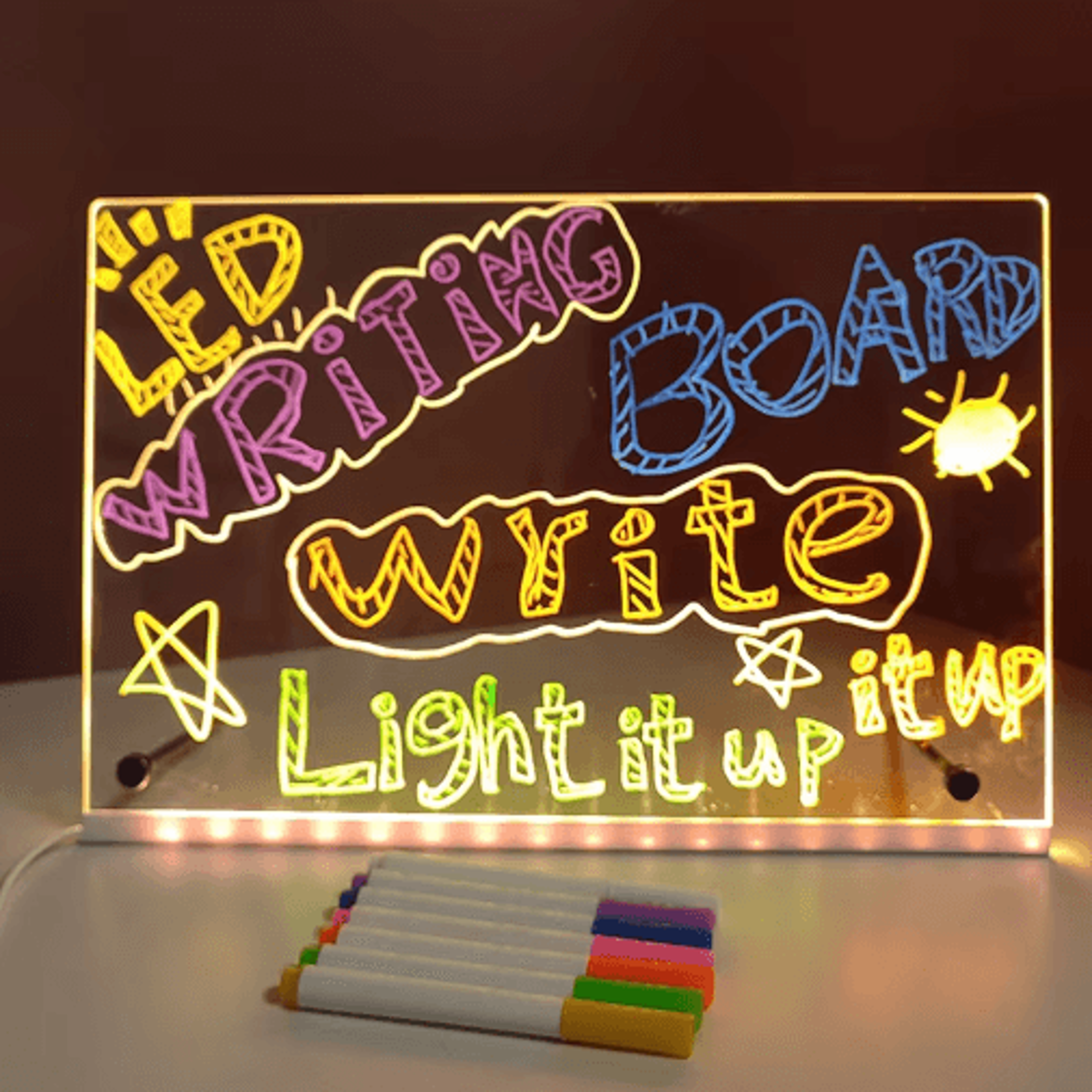Rechargeable RGB LED Acrylic Note Board  Erasable Drawing  Message Board With 7 Color Pens 0