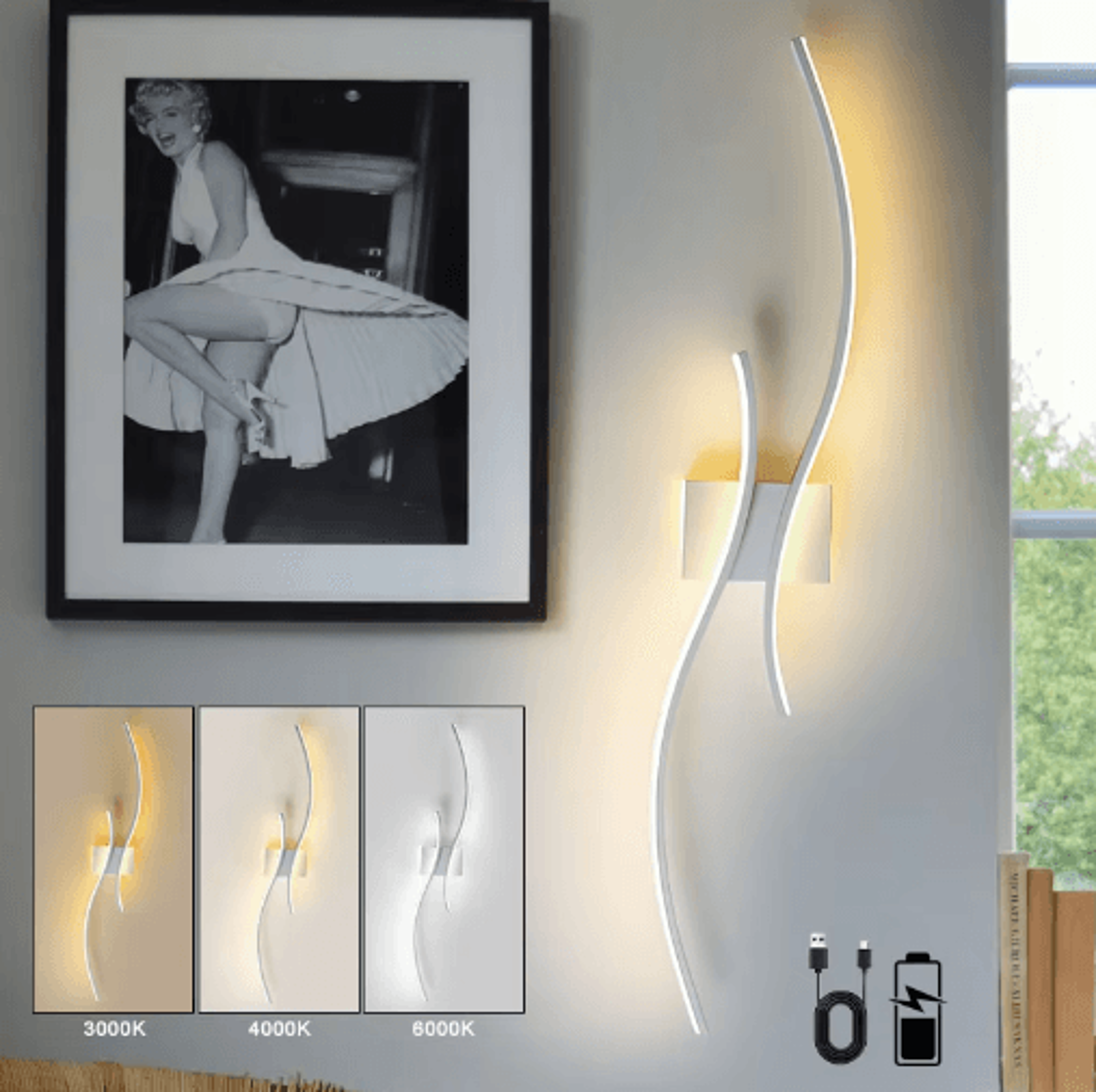 Wireless Rechargeable LED Wall Sconce  3CCT Touch Dimmable Wall Light With Remote Control 8