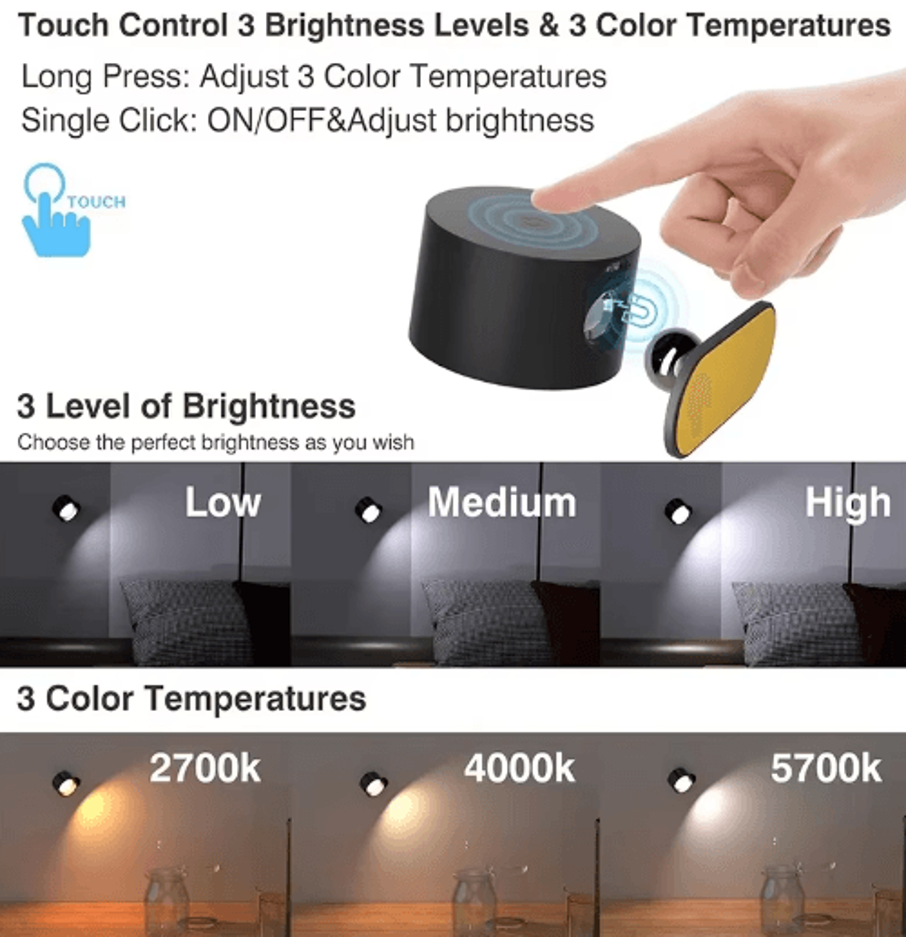 360 Rotatable Rechargeable LED Wall Lamp  Wireless Touch  Remote Control Reading Night Light 7