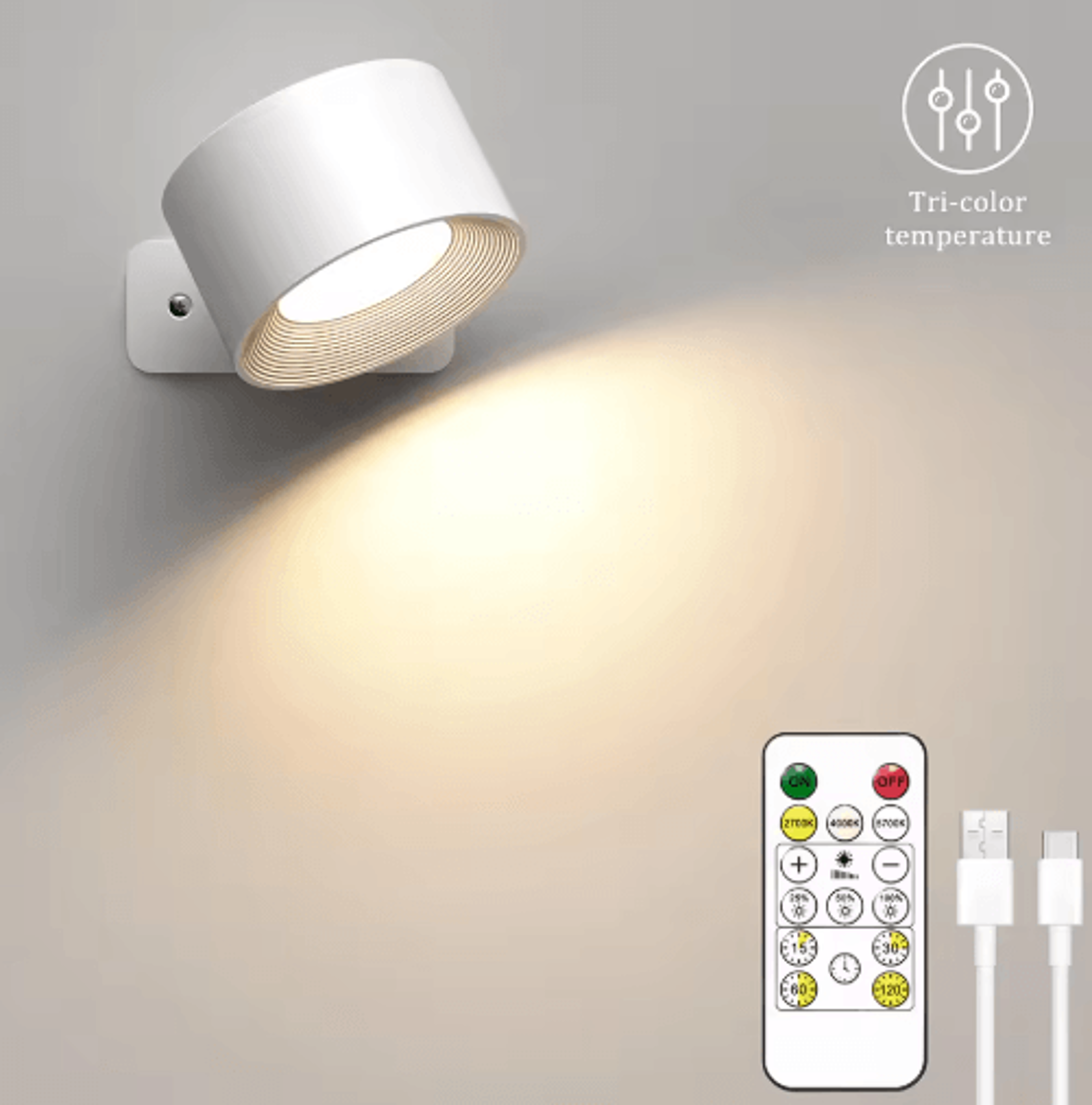 2000mAh Magnetic LED Wall Light  Rechargeable 360 Rotating 3Color Dimmable Reading Sconce With Remo 1