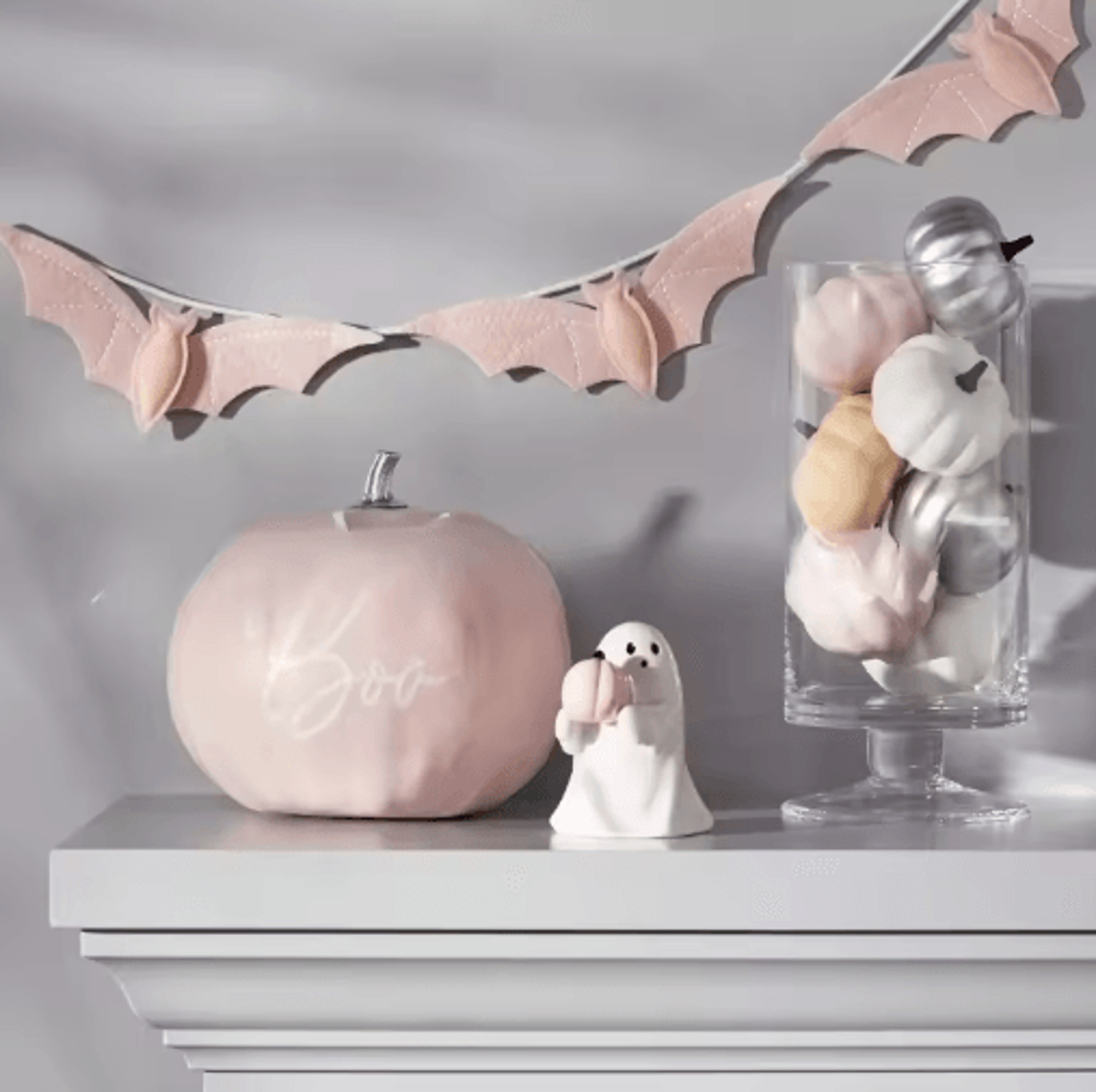 Cute Halloween Ghost Holding Pink Pumpkin  BatThemed Decorative Statue For Home  Party Decor 5