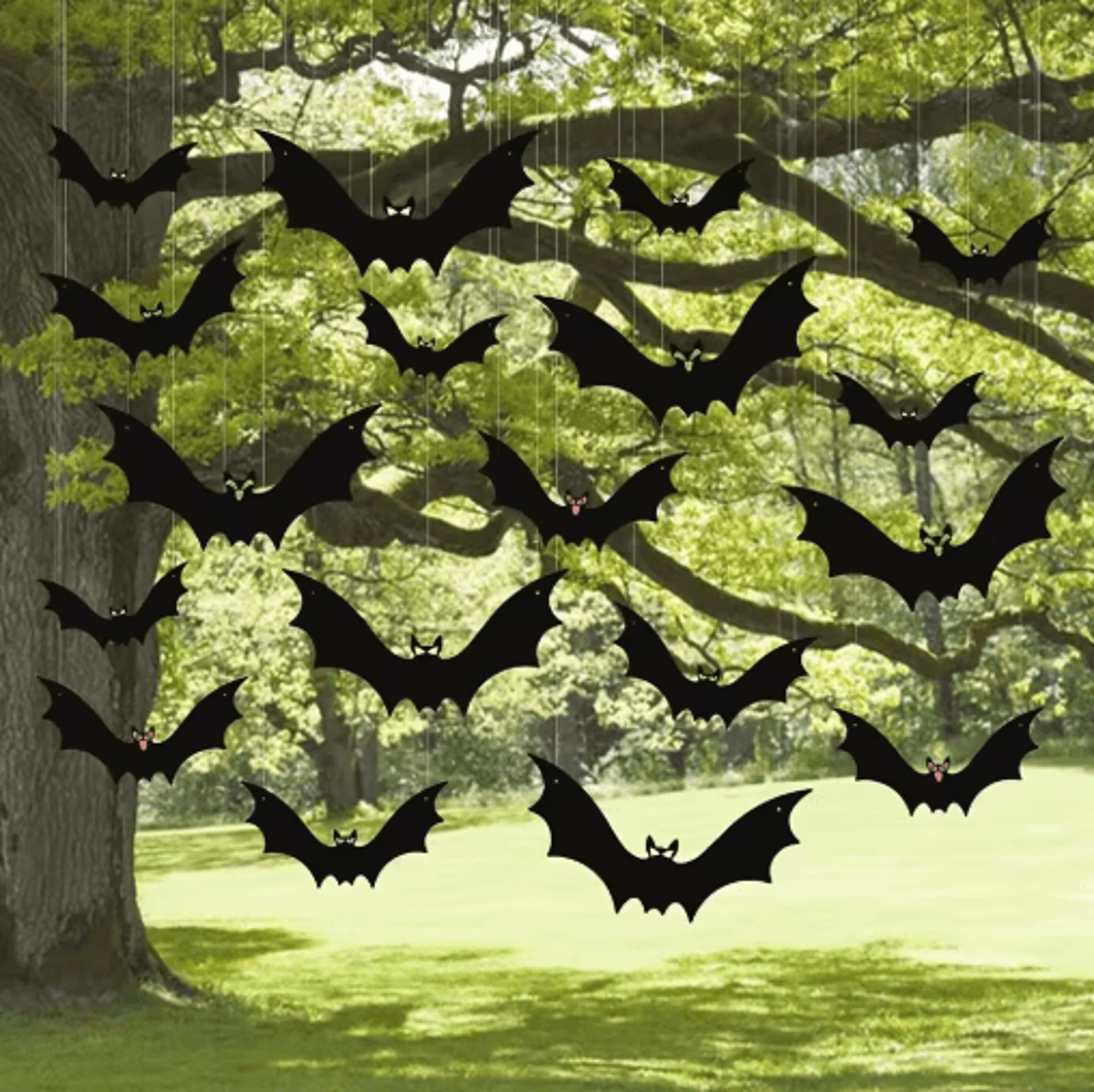 12-piece hanging halloween bats – large flying plastic bat decorations in 3 sizes for indoor & outdoor decor