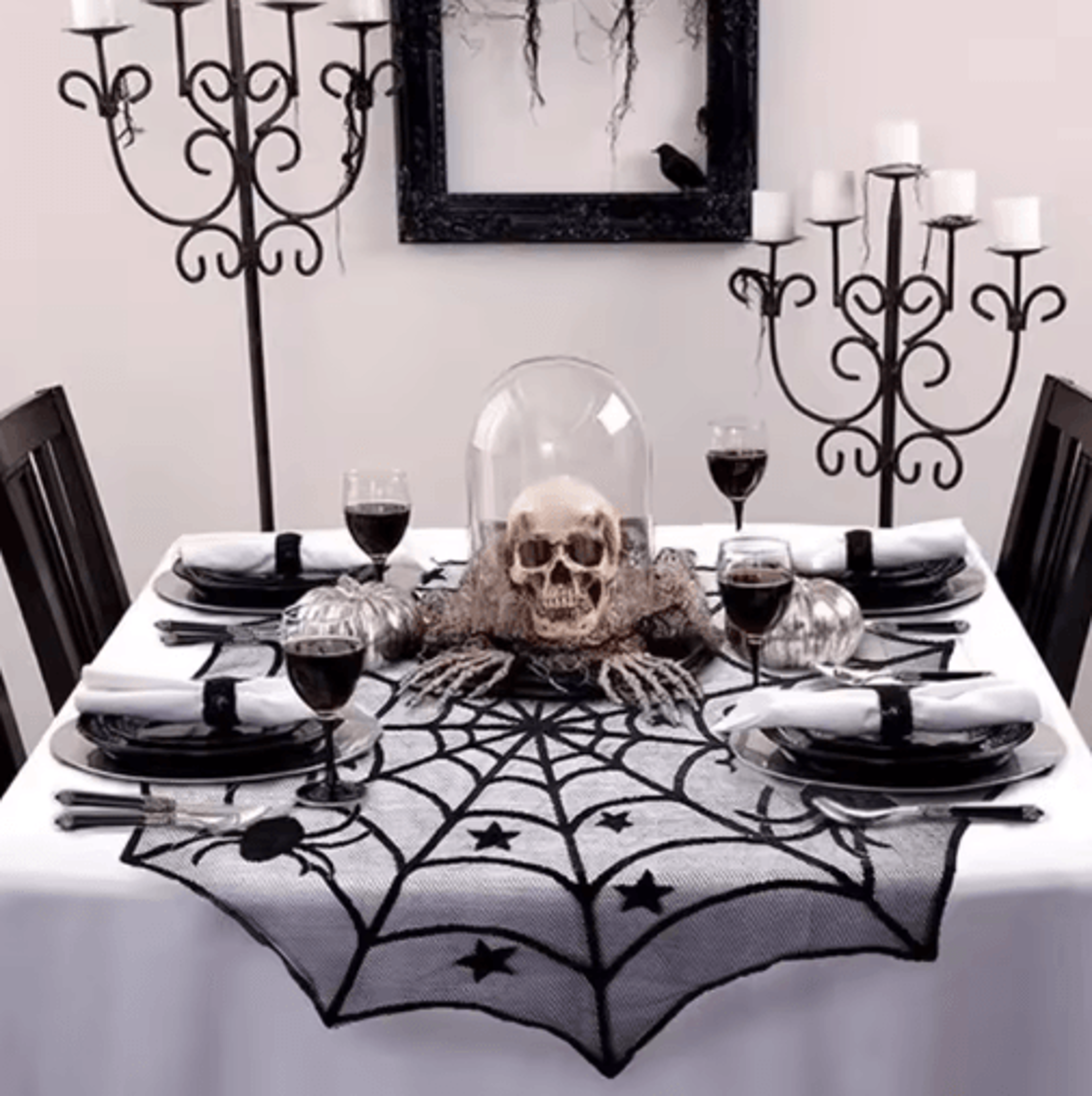 Black Lace Spider Web  Skull Halloween Tablecloth  Skeleton Fireplace Mantel Scarf  Party Decor 6