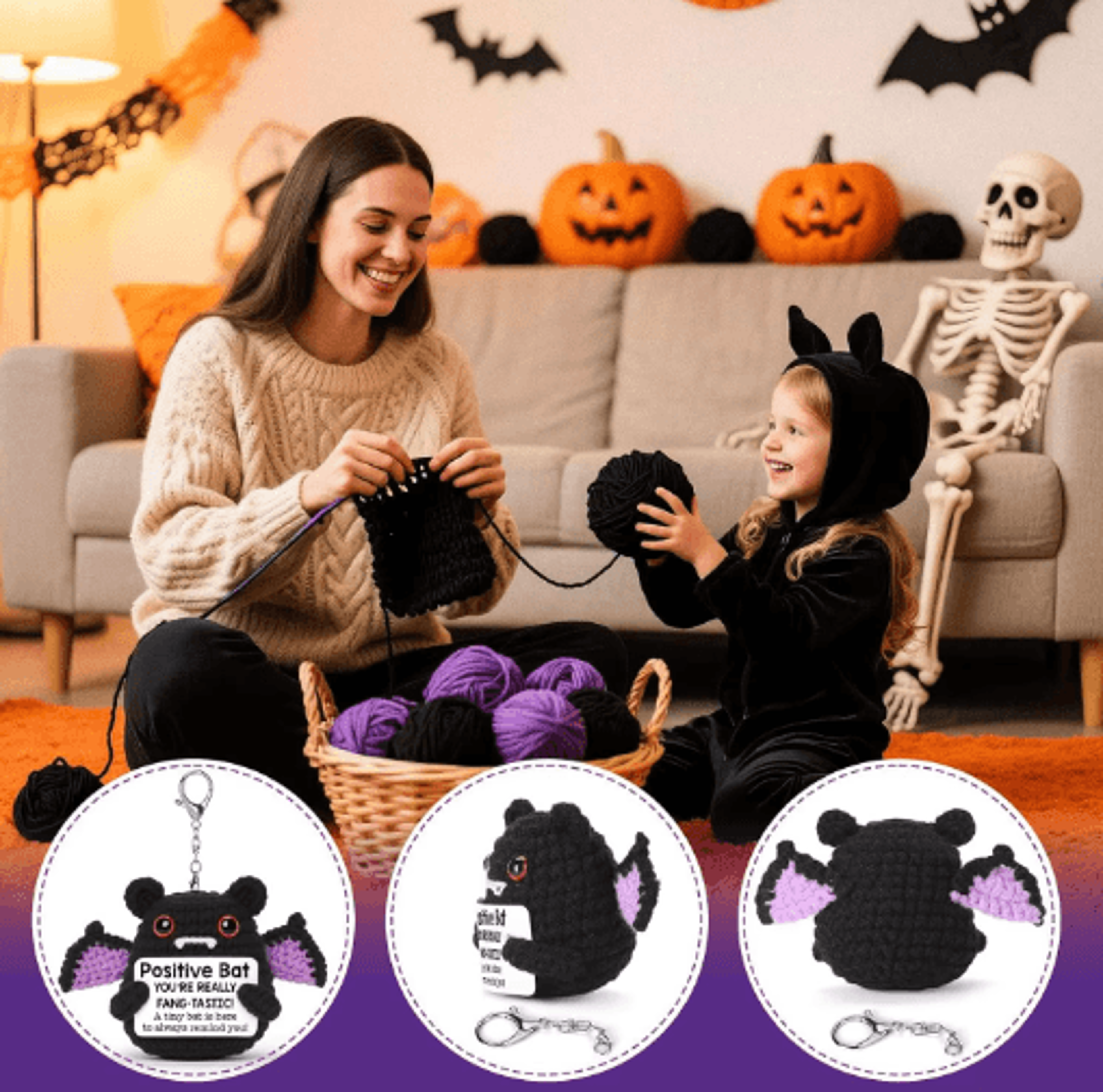 Handmade Positive Bat Doll With Message Card  Knitted Halloween Bat Ornament  Cute Room Decor Gift 0