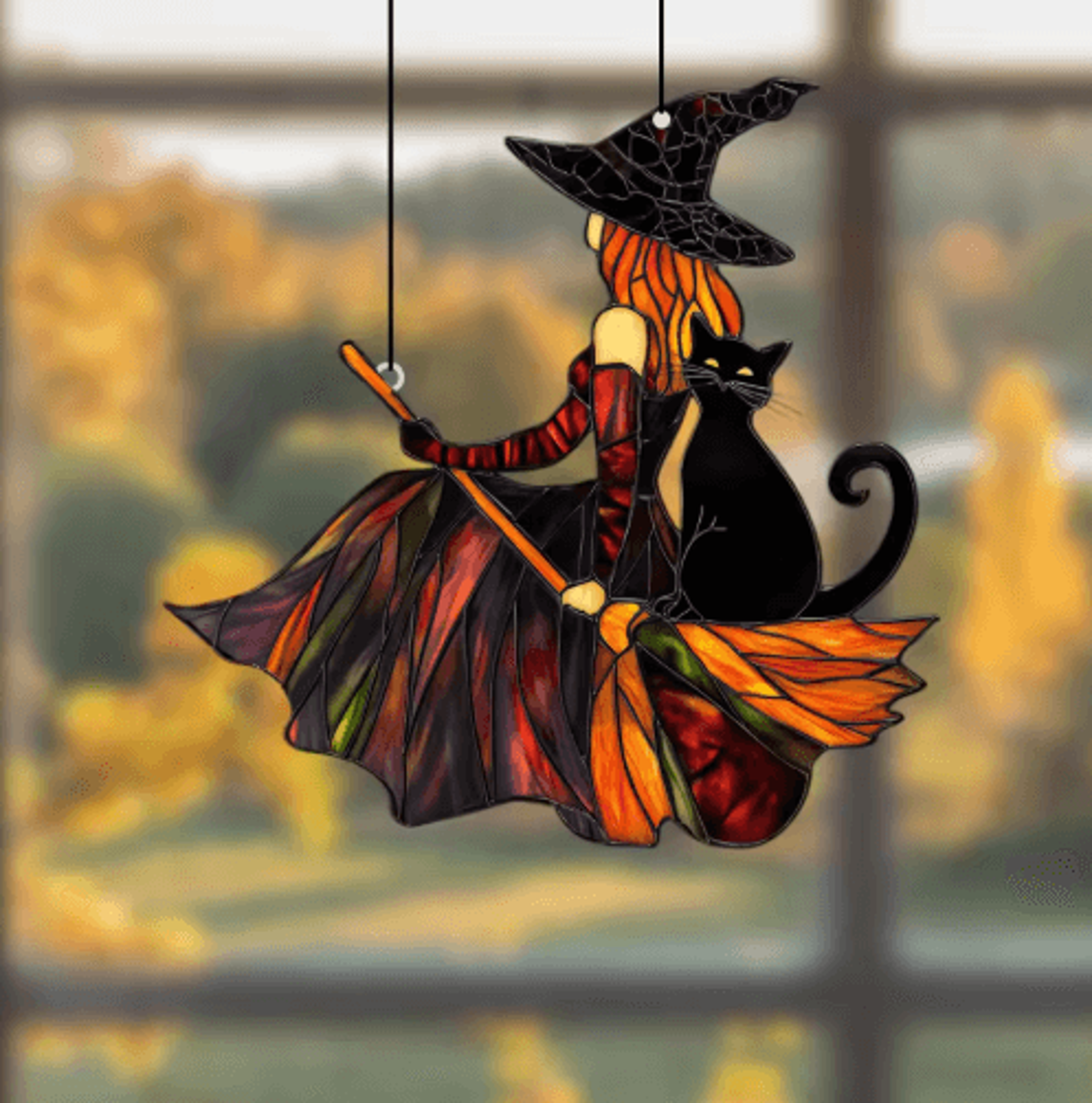 Gothic Witch  Black Cat Acrylic Suncatcher  Halloween Window Hanging Ornament With Broom Design 0