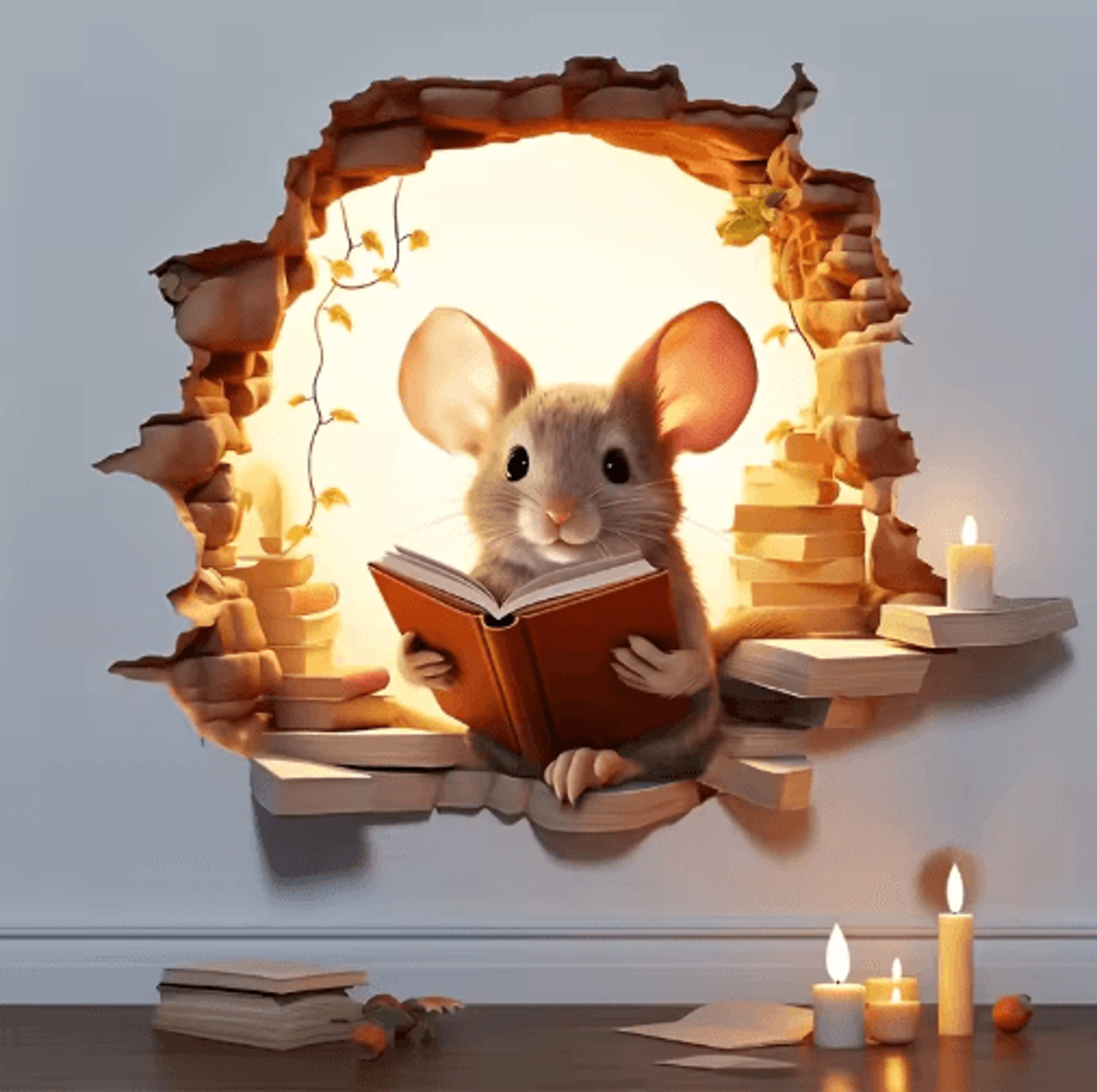 3D Reading Mouse Wall Sticker  Cute Removable Vinyl Animal Decal 3