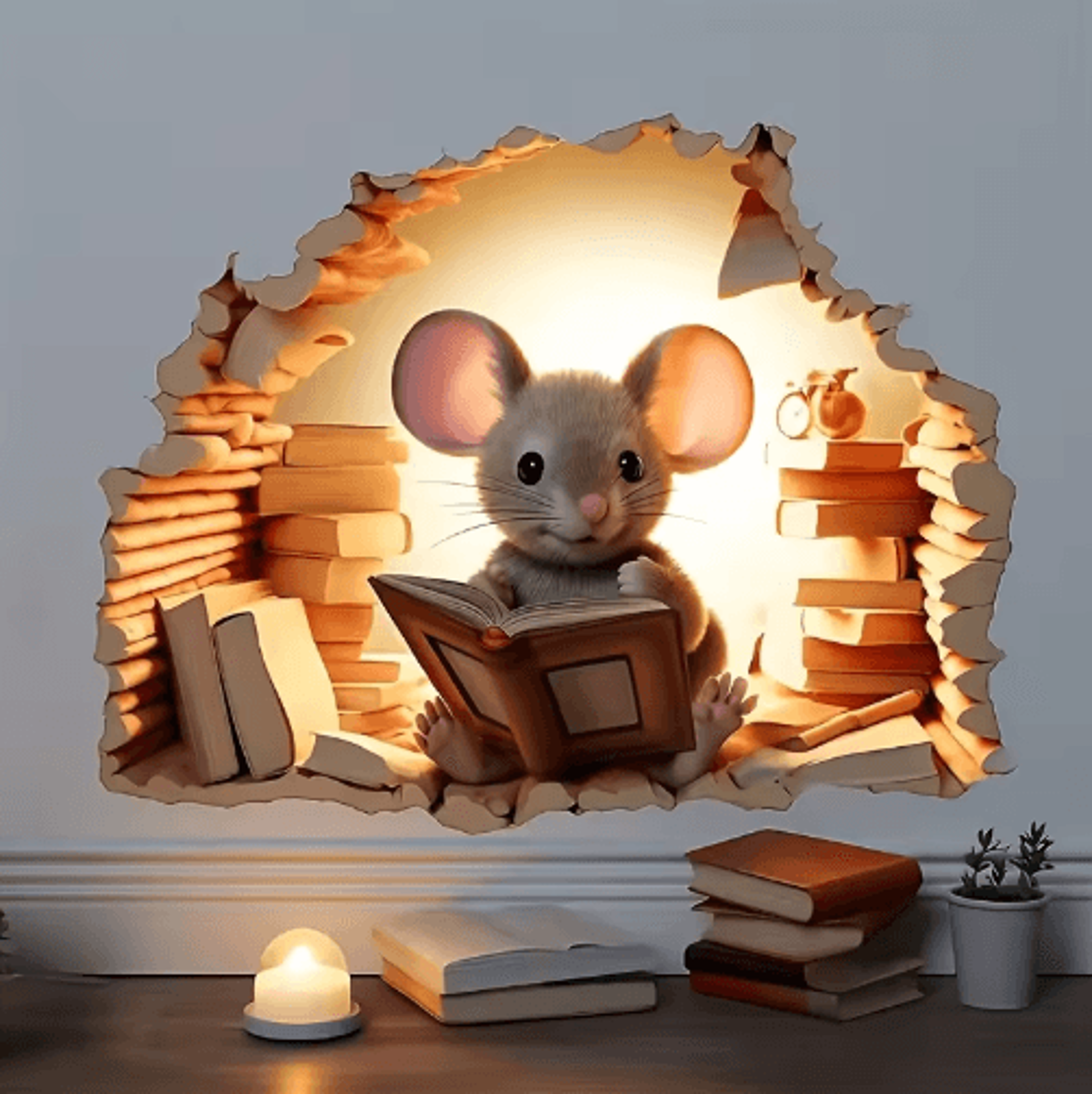 3D Reading Mouse Wall Sticker  Cute Removable Vinyl Animal Decal 5