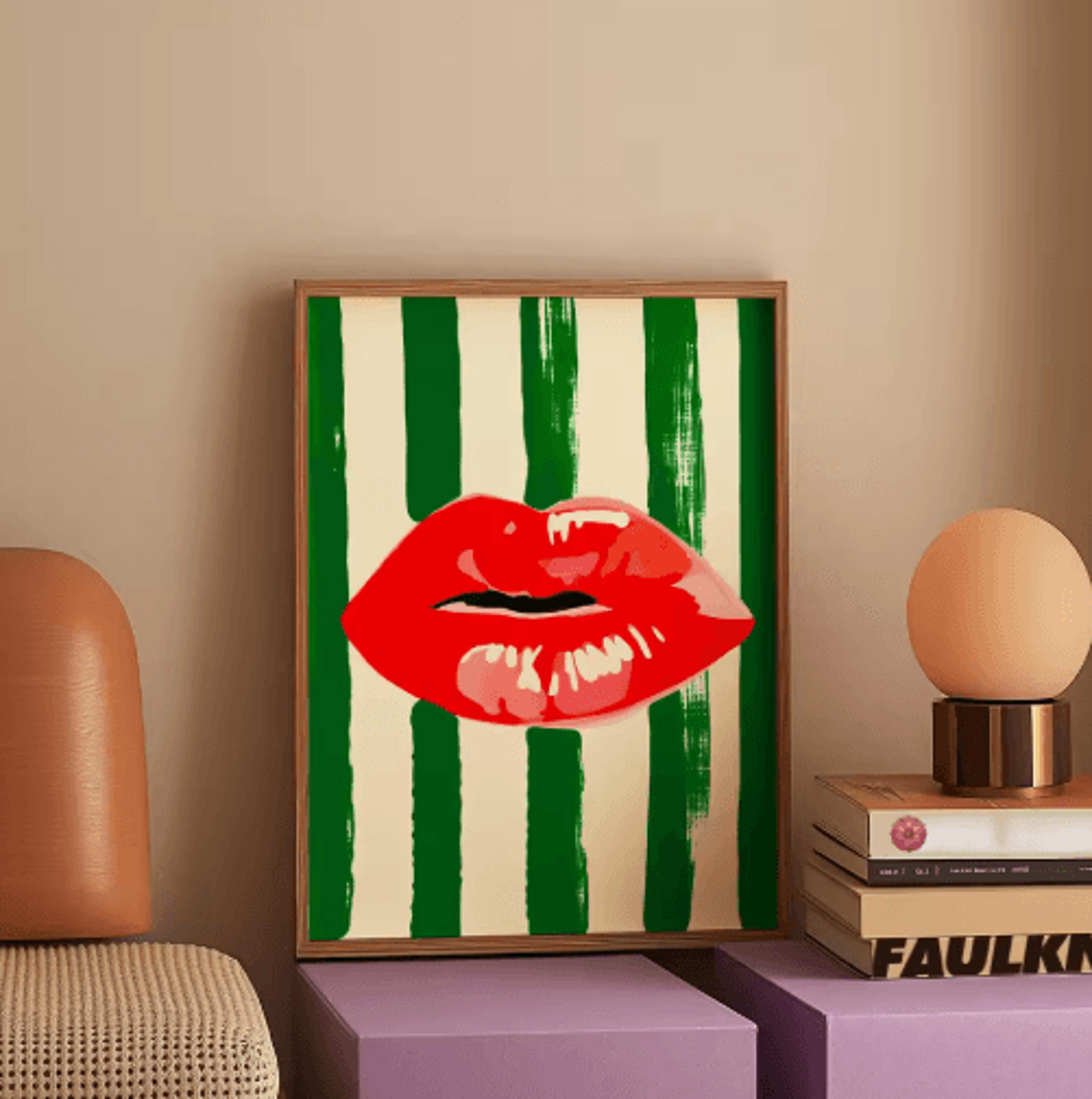 Amore Green Striped Kitchen Wall Art Canvas Print 8