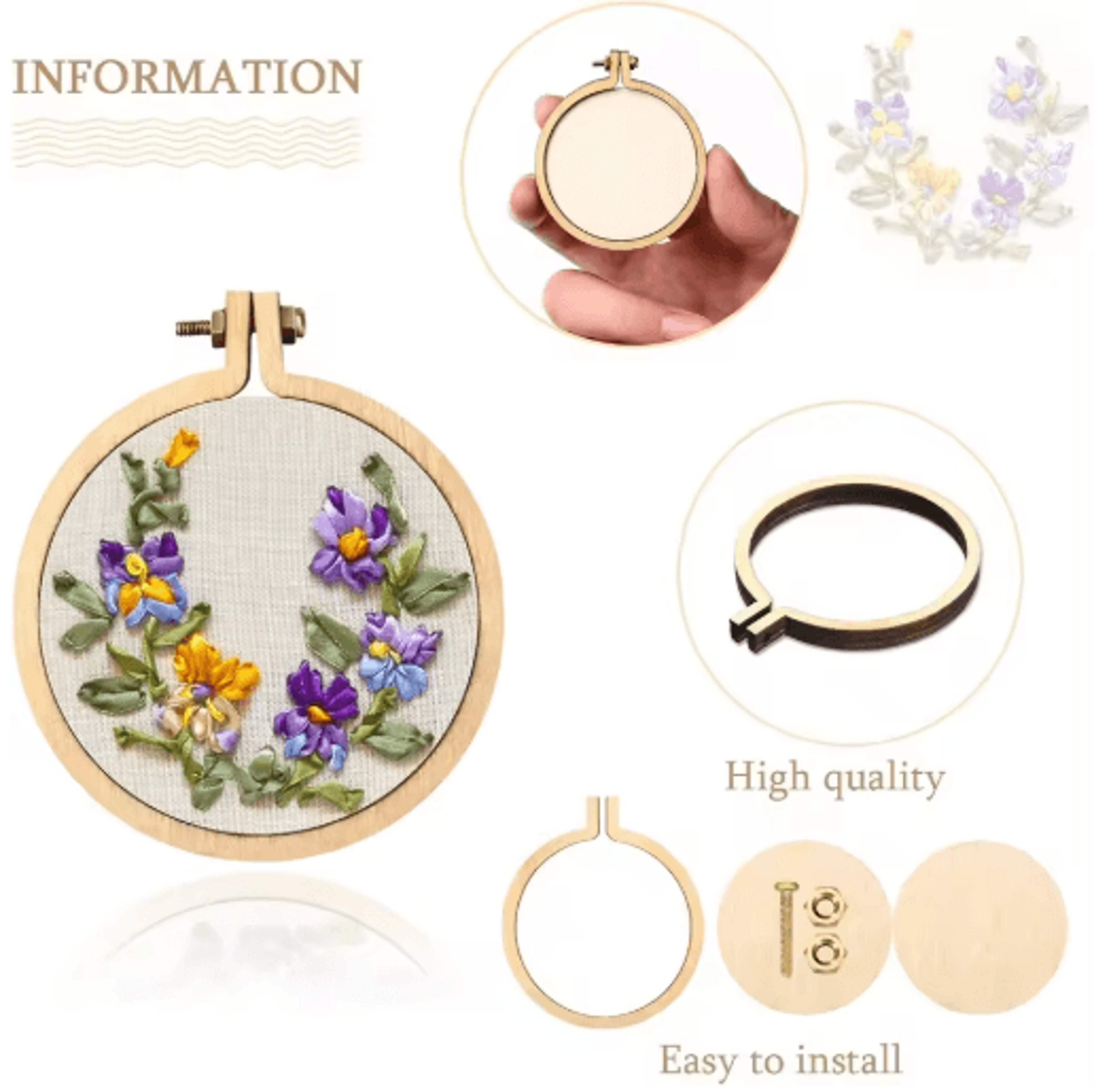 10PCS Mini Wooden Embroidery Hoop Pendant Kit 13