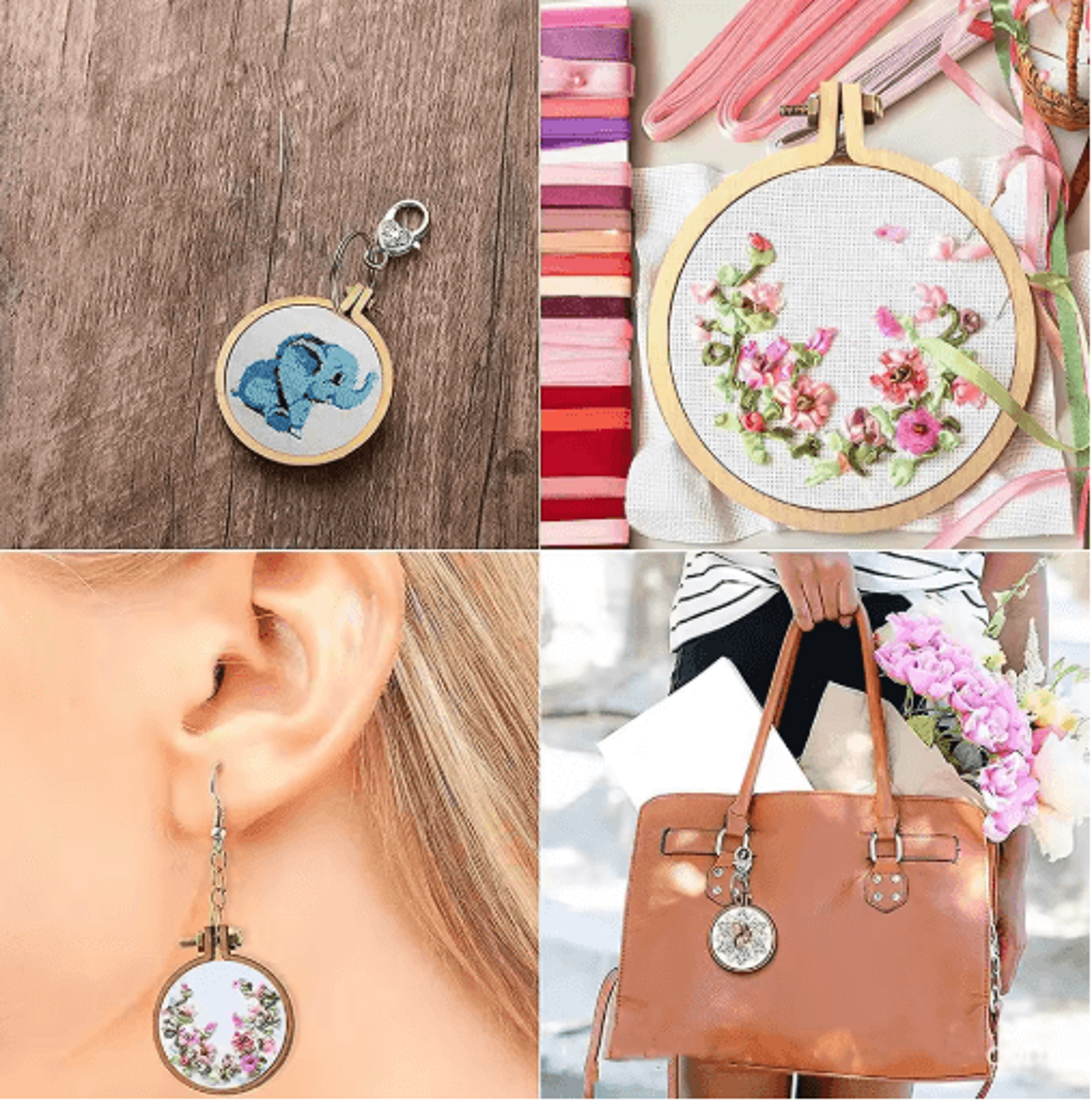 10PCS Mini Wooden Embroidery Hoop Pendant Kit 14
