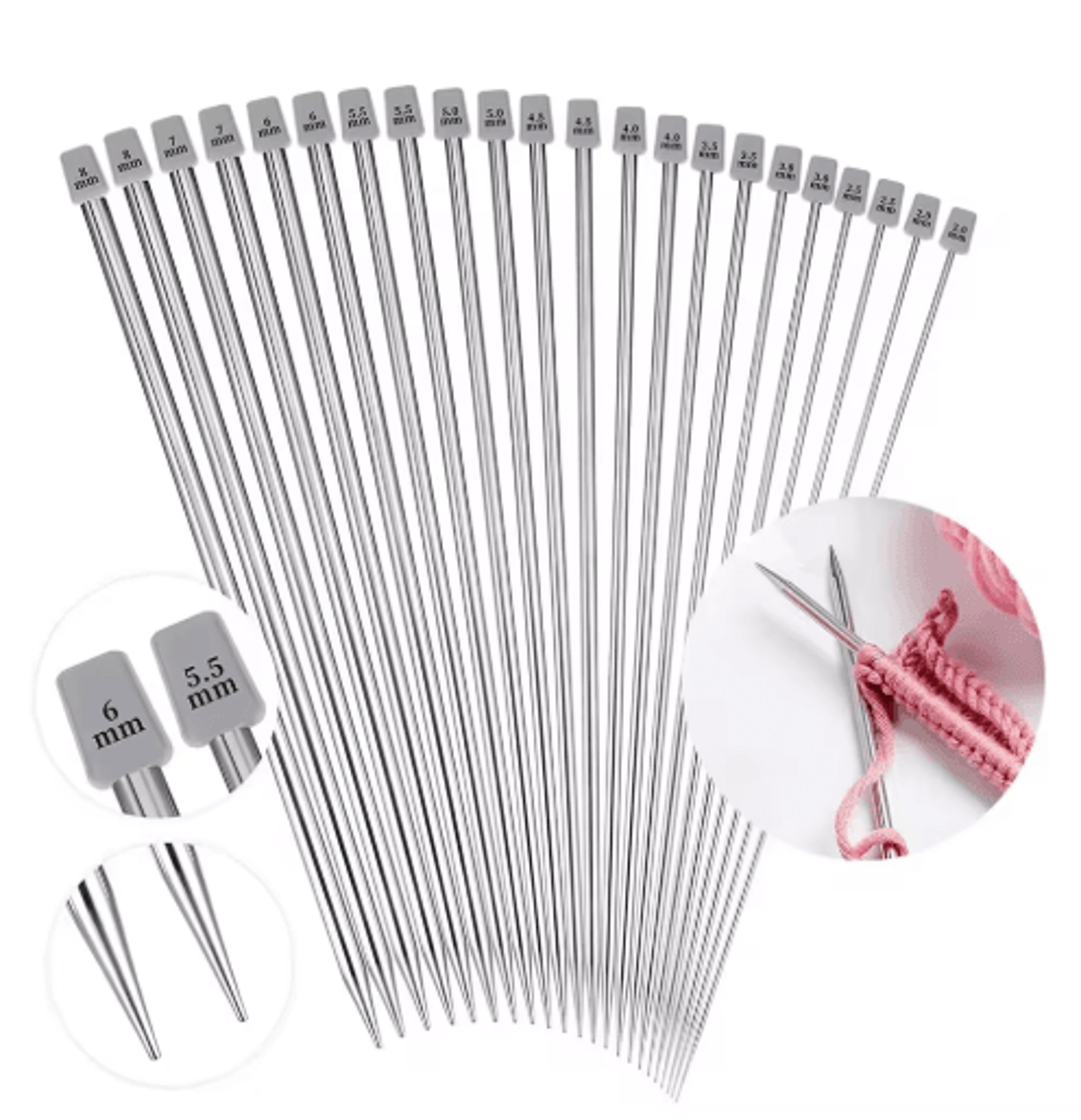 22PCS Stainless Steel Straight Knitting Needle Set 5