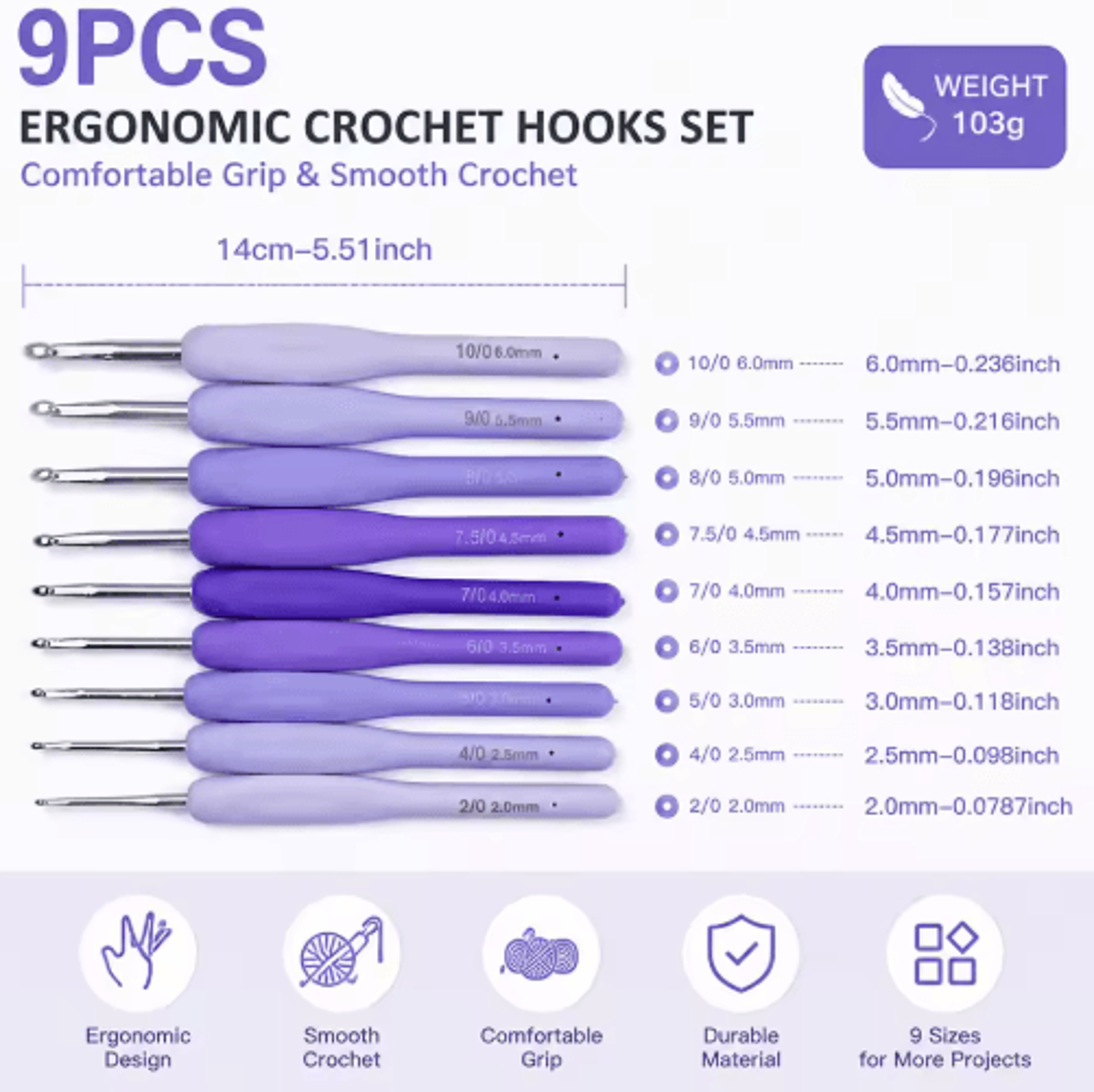 9PCS Purple Gradient Ergonomic Crochet Hook Set 5