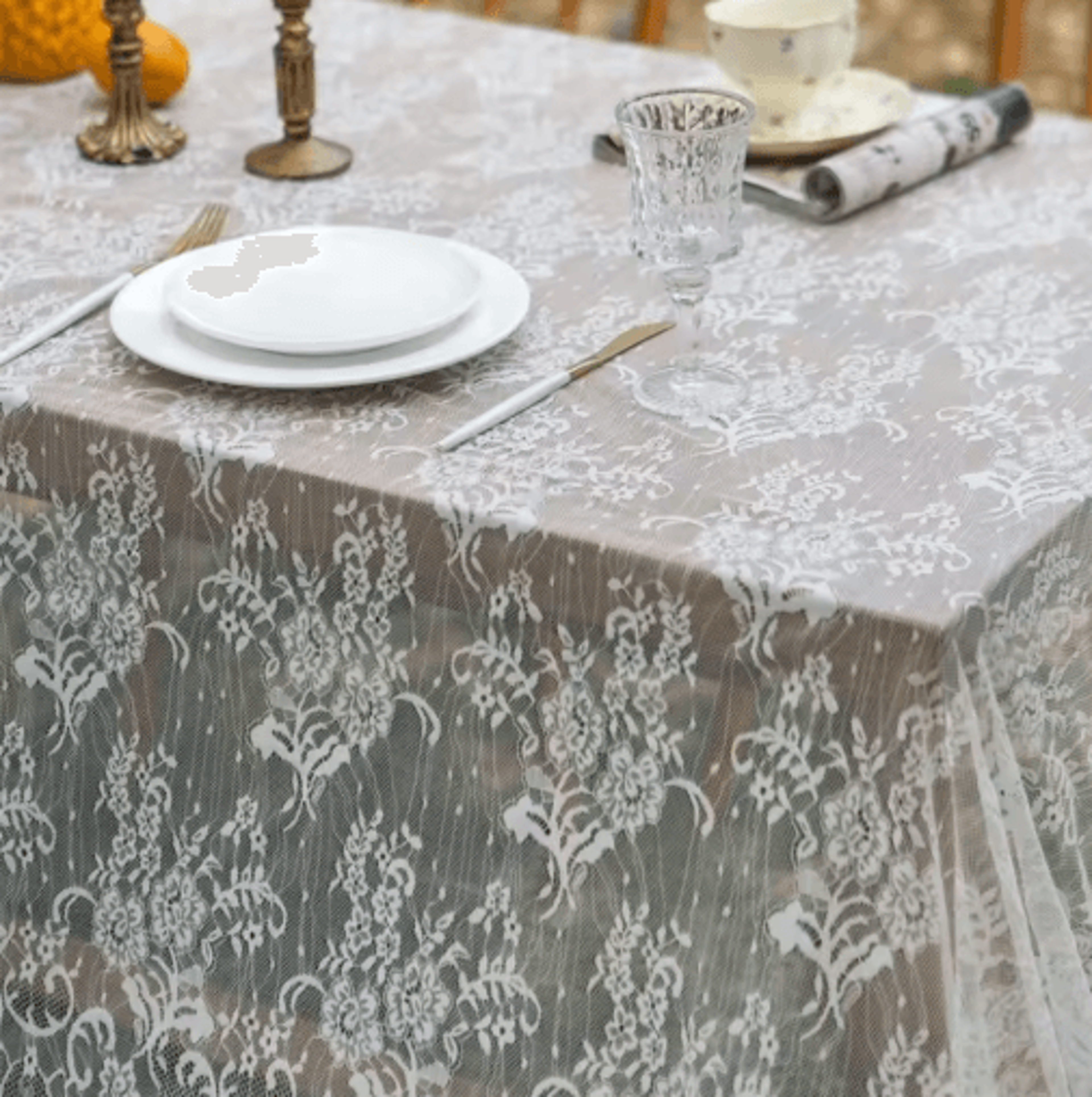French Vintage White Lace Rectangular Tablecloth 5