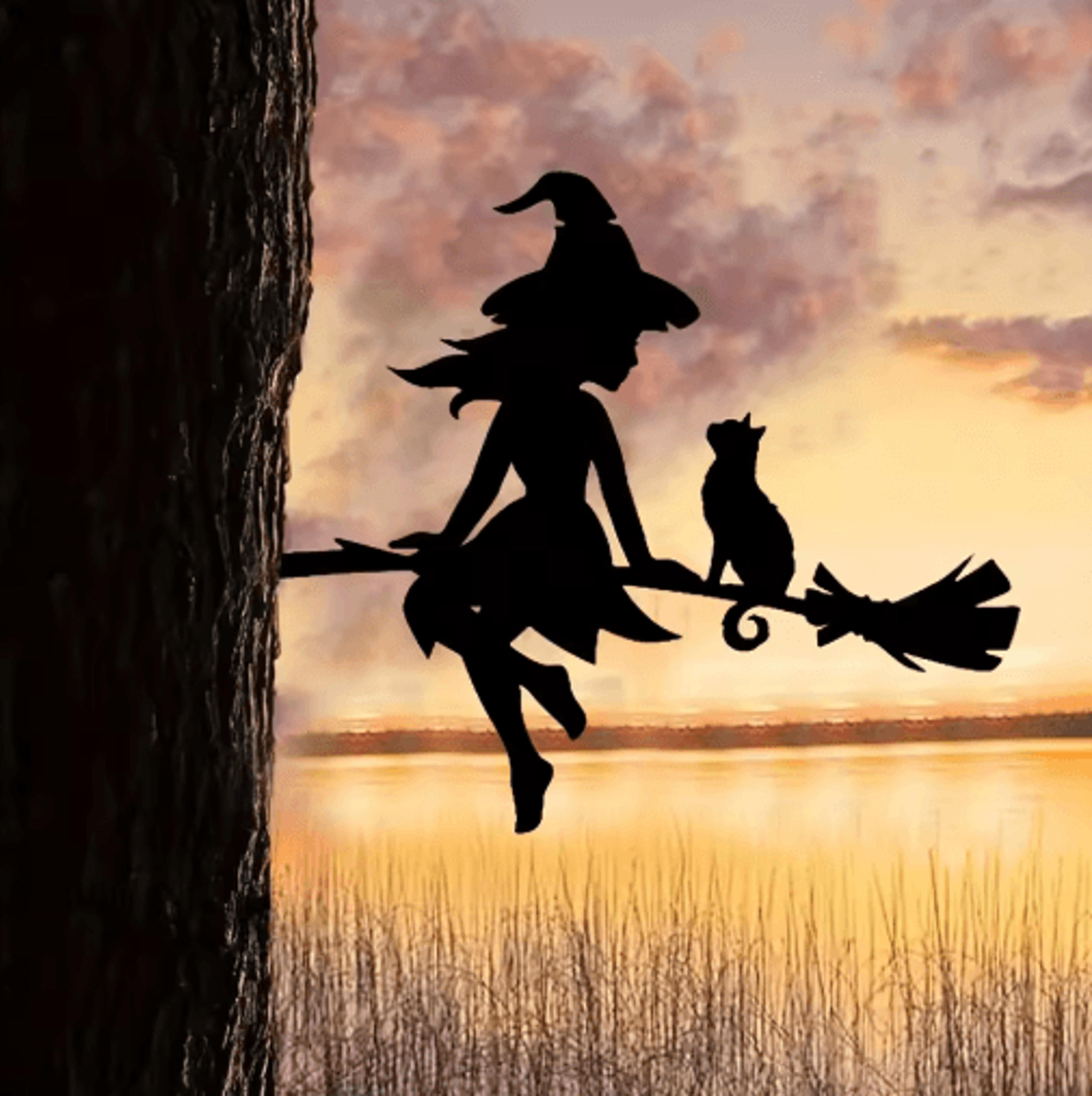 Witch  Cat Flying Broomstick Metal Garden Decoration 5
