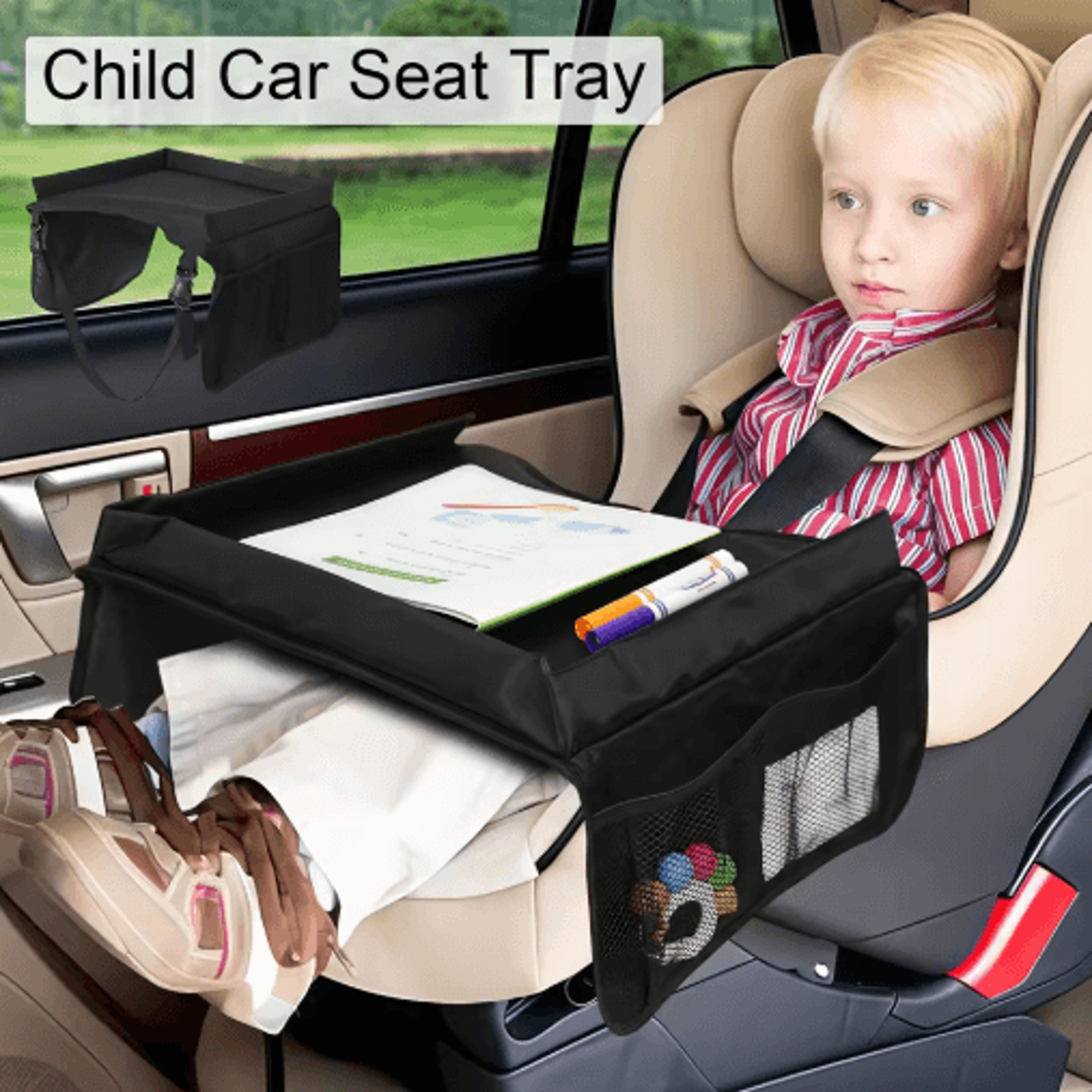 Foldable Expandable Car Seat Travel Tray  Lightweight Backseat Organizer With Storage Pockets 5