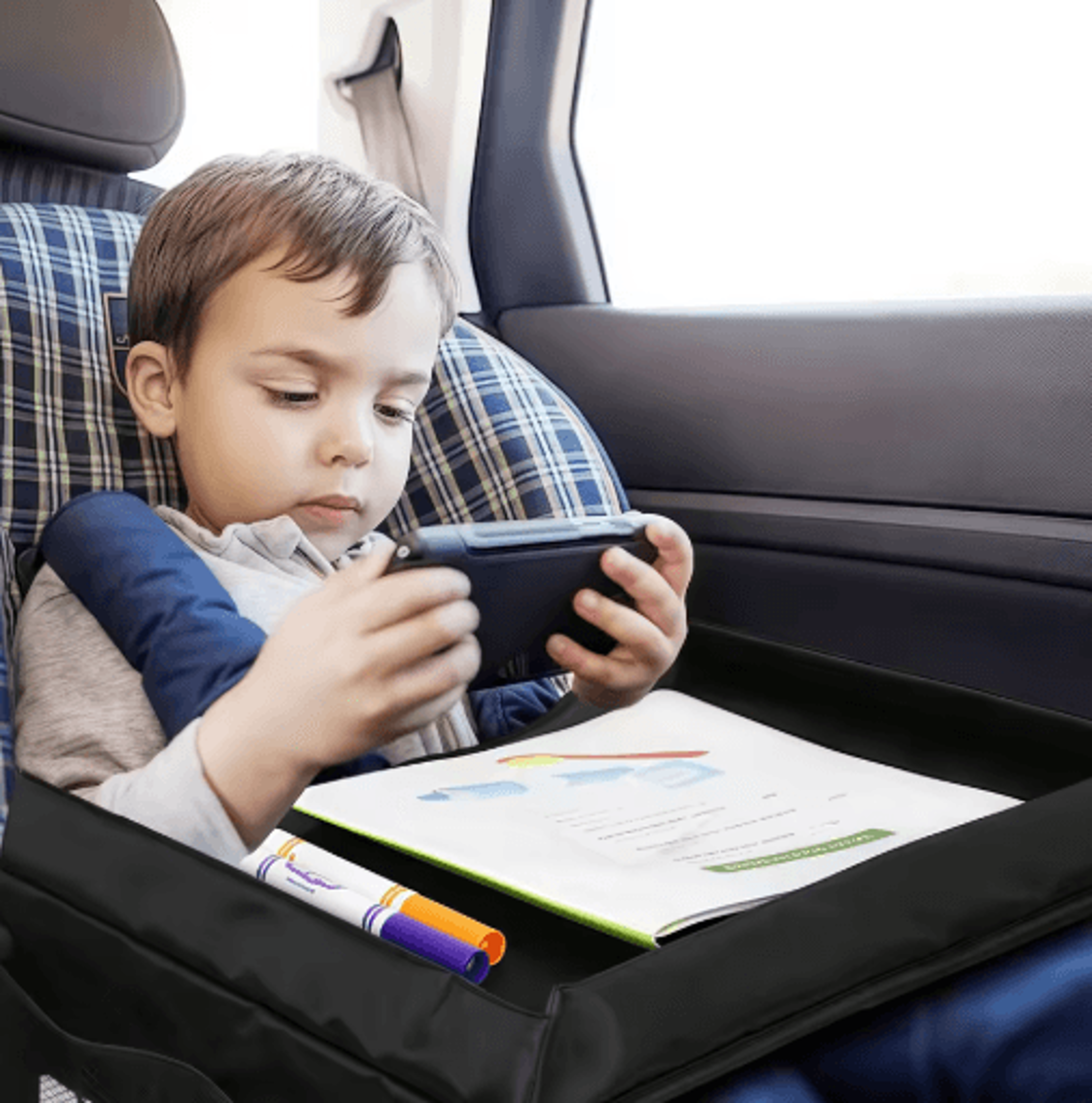 Foldable Expandable Car Seat Travel Tray  Lightweight Backseat Organizer With Storage Pockets 4