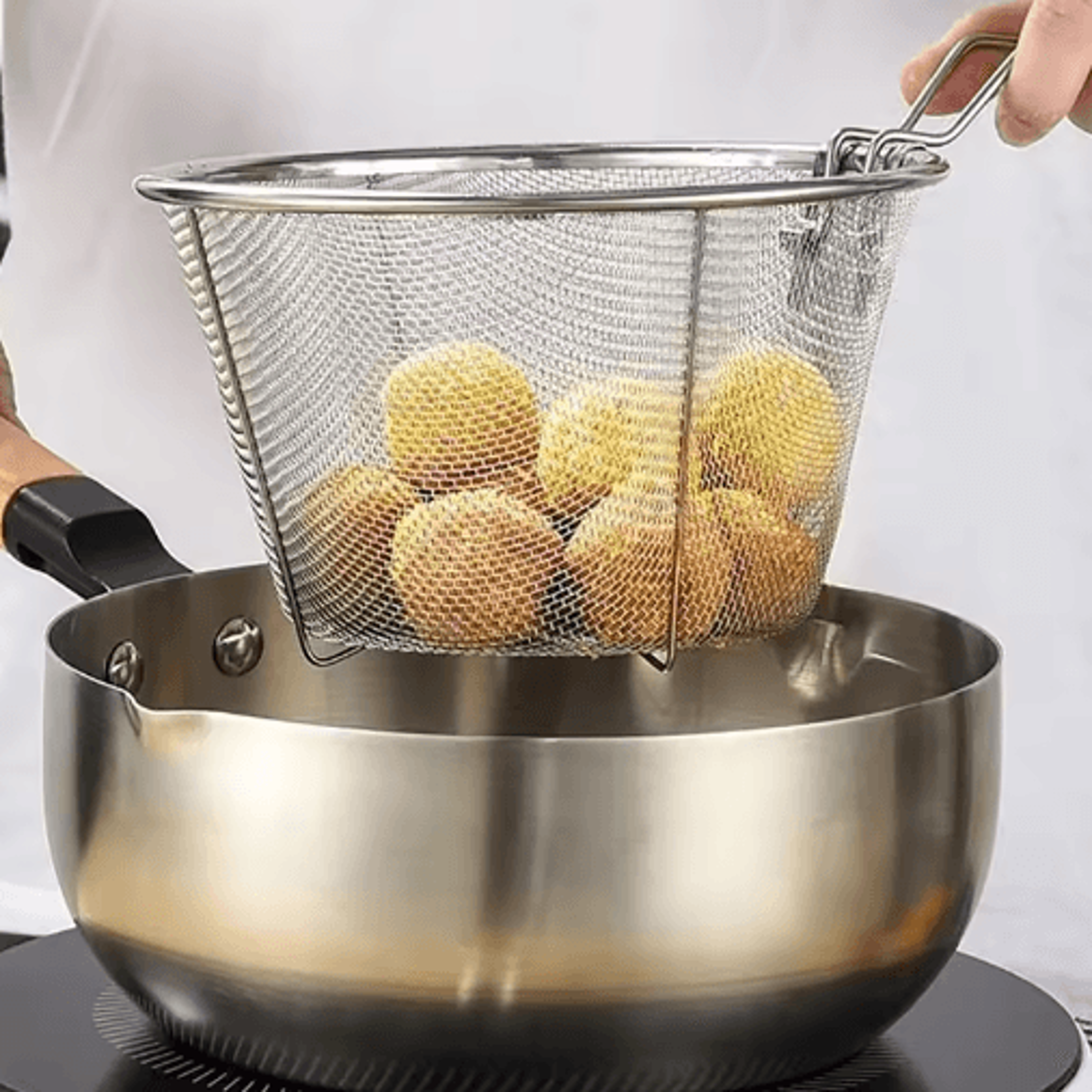 Stainless Steel Deep Fry Basket  Round Wire Mesh Frying Strainer With Handle 5