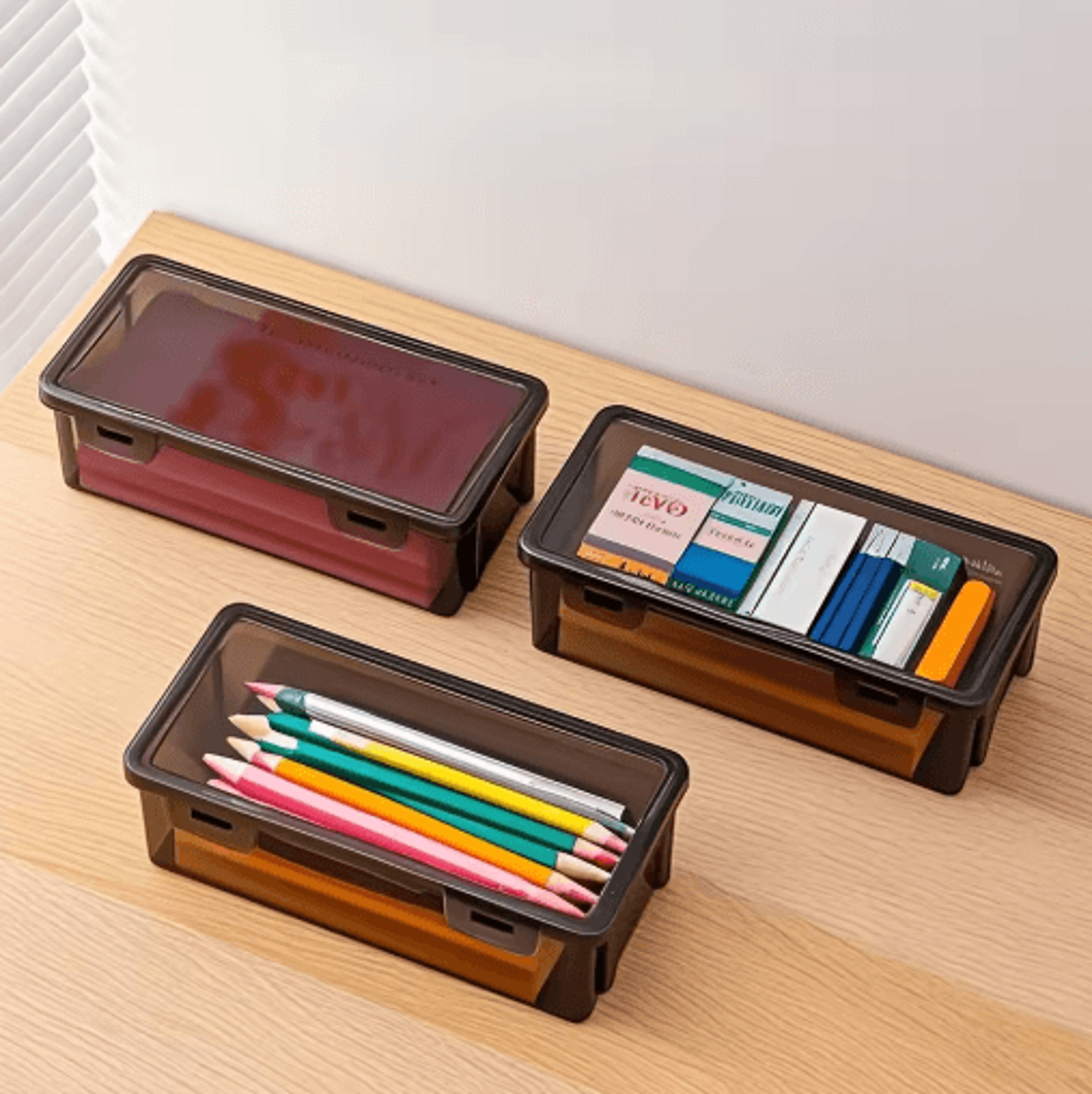 Black Transparent Pencil Storage Box With Lid  Desk Organizer For School  Office Supplies 7