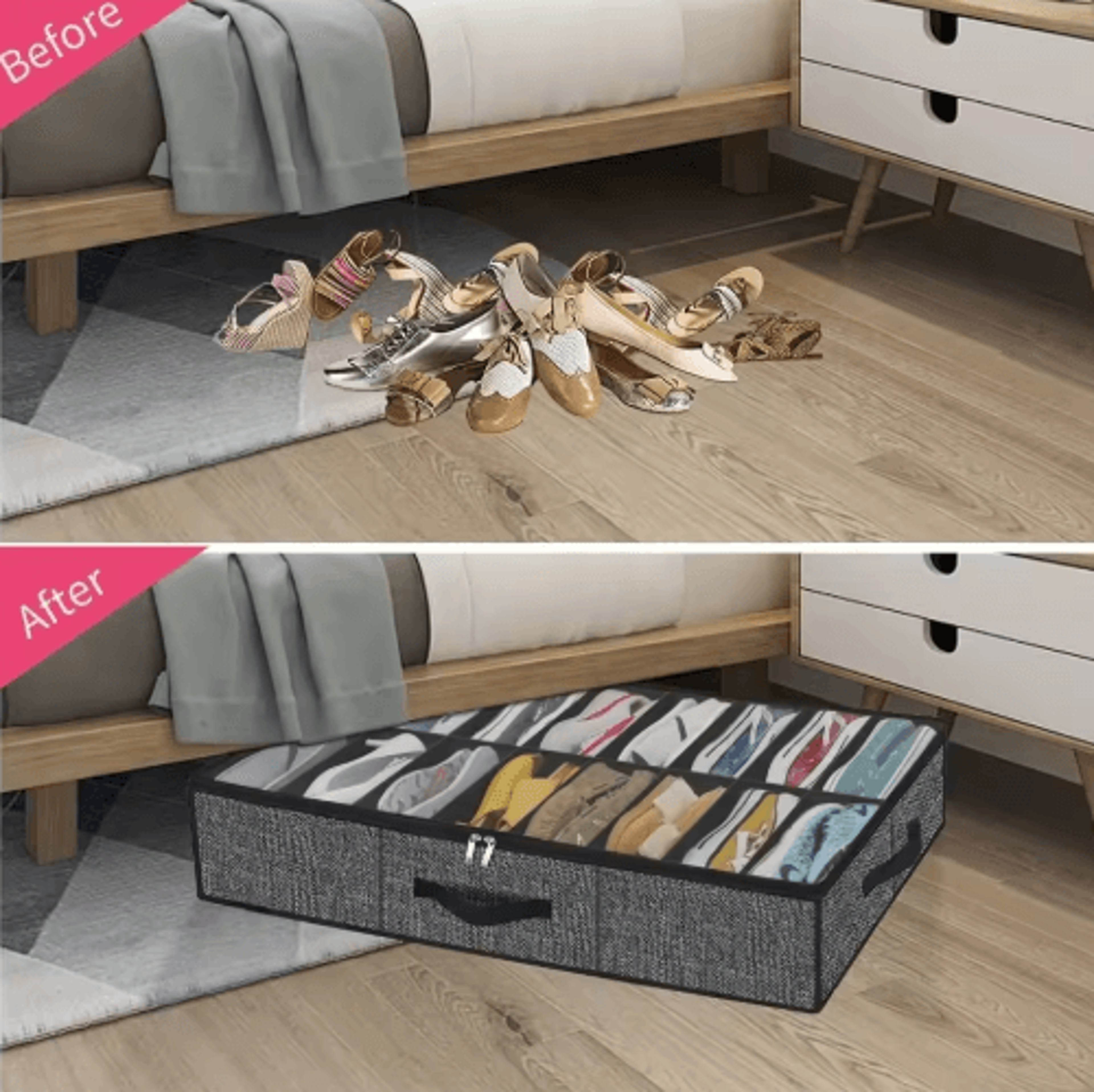 12Pair Under Bed Shoe Organizer  Collapsible Storage Box With Reinforced Handles 4