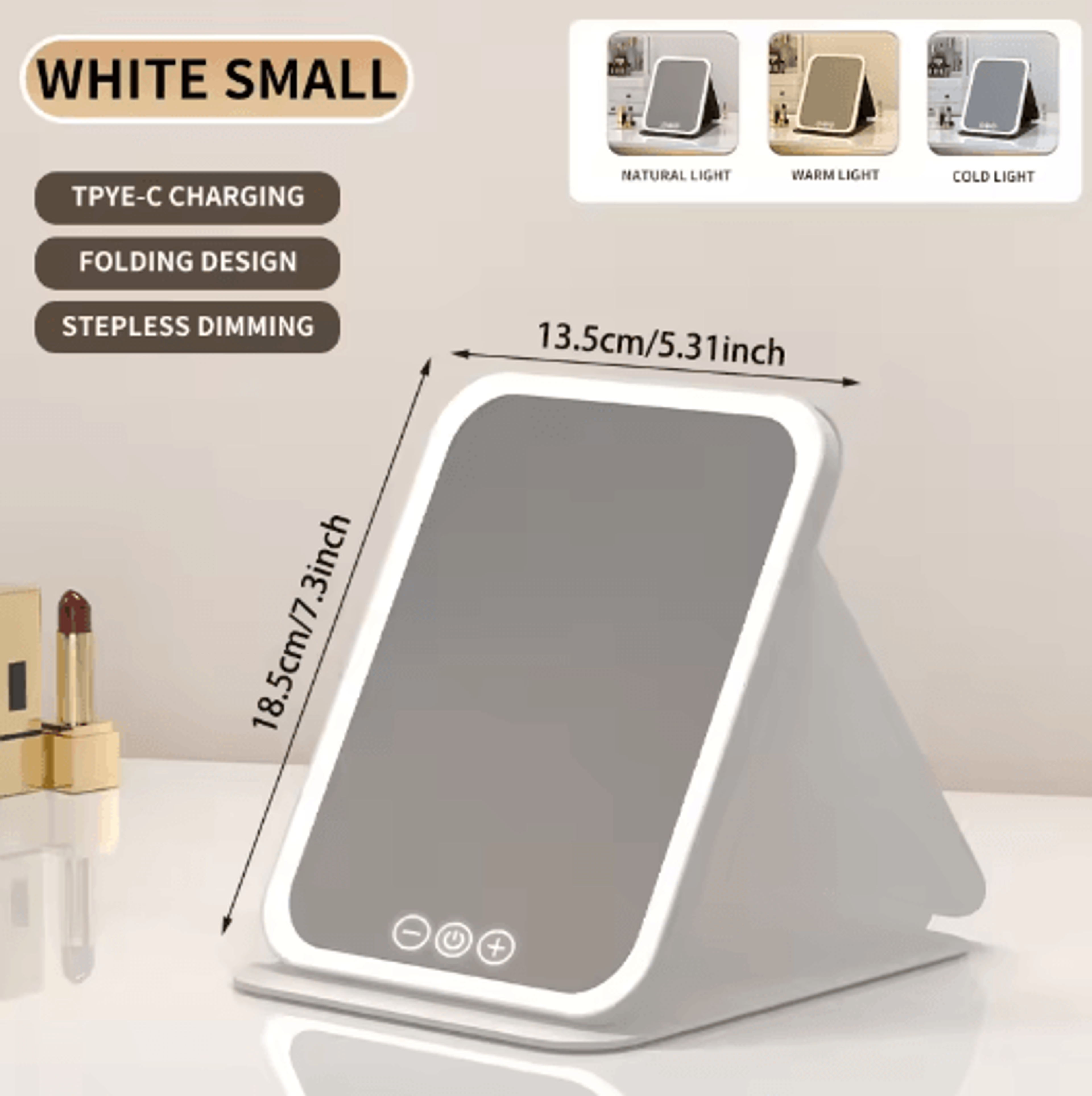 Rechargeable LED Makeup Mirror  3Color Dimmable Foldable Vanity Mirror 6